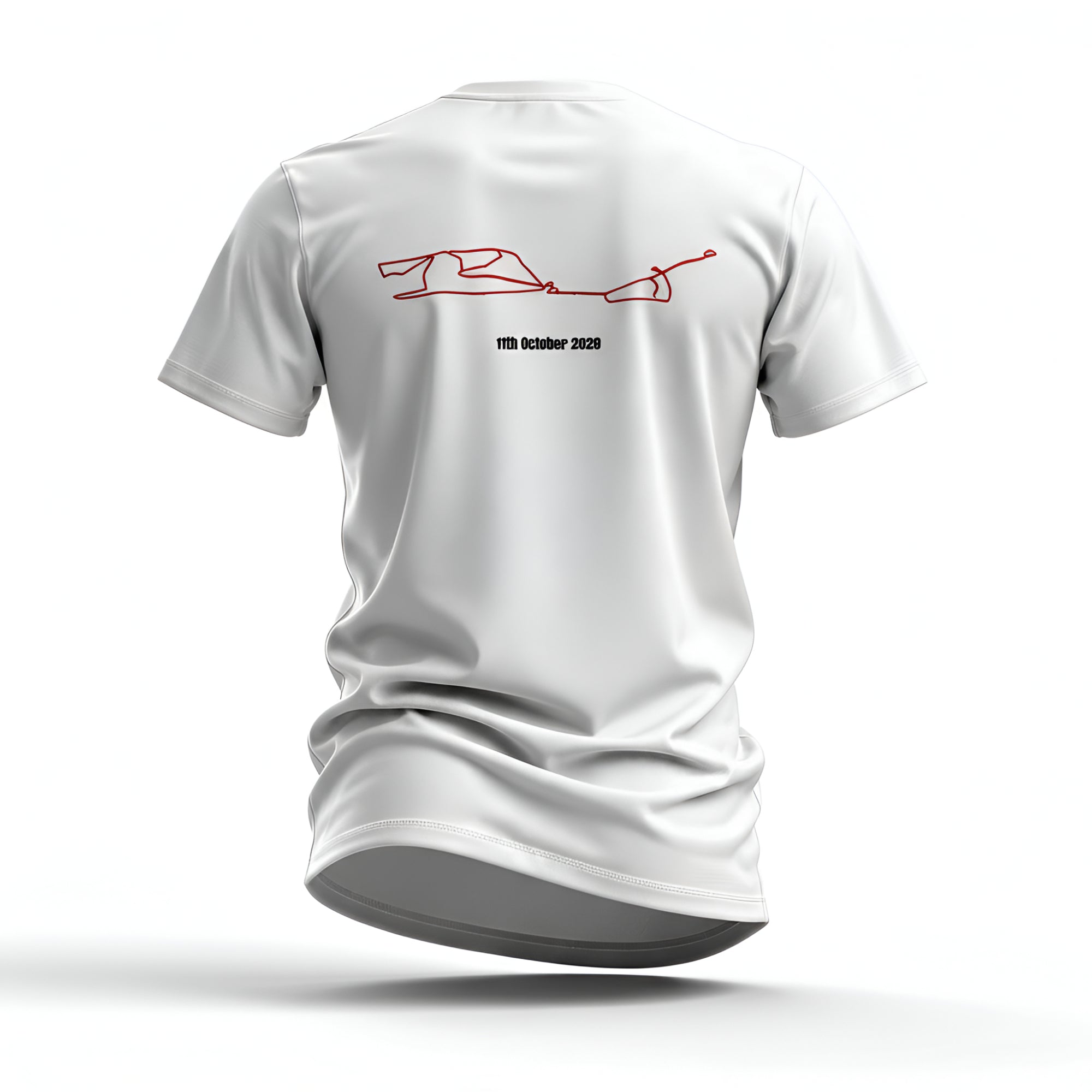 White t-shirt with a red custom Strava route print art design on the back against a white background
