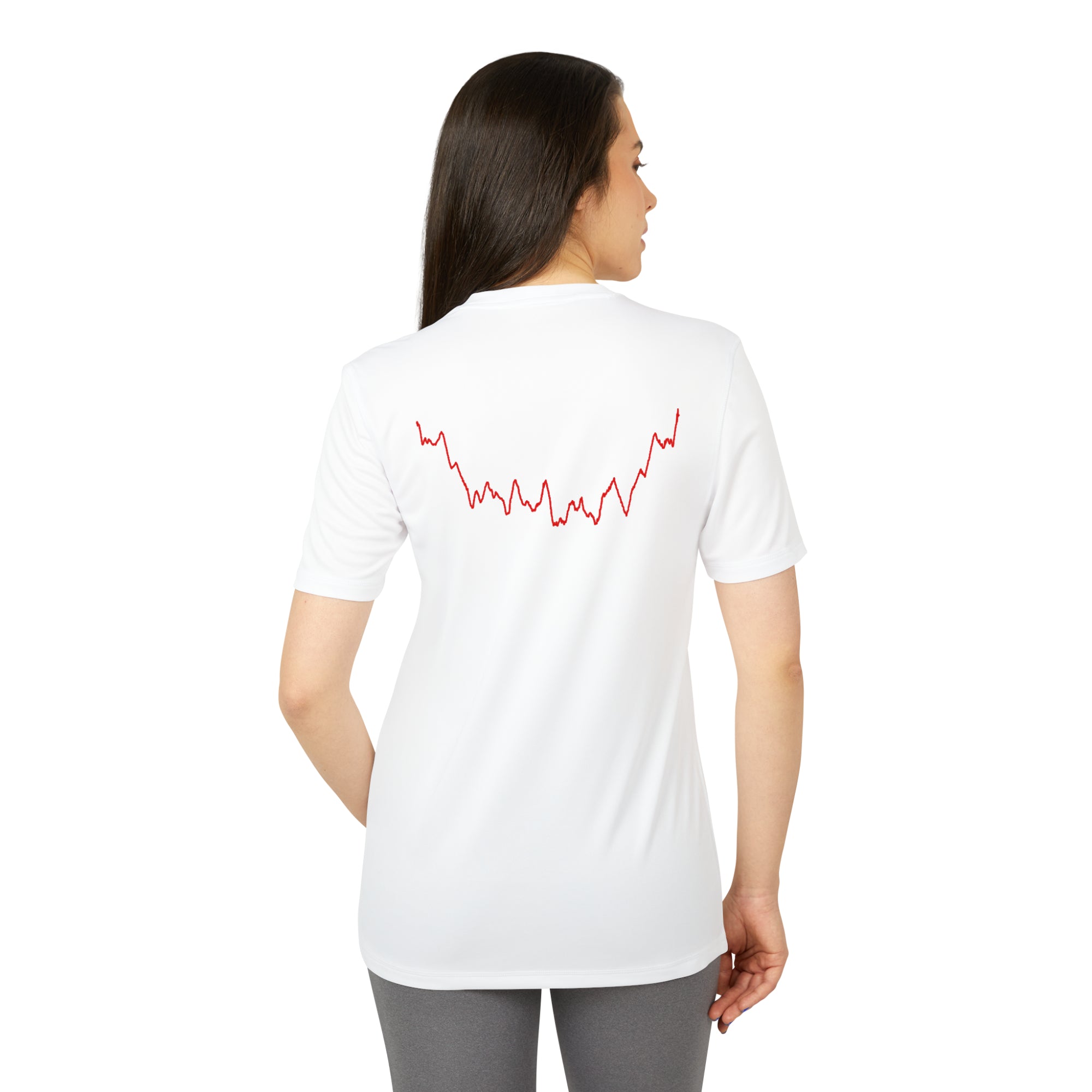 Woman wearing a white t-shirt with a red custom Strava route print art design on the back against a white background