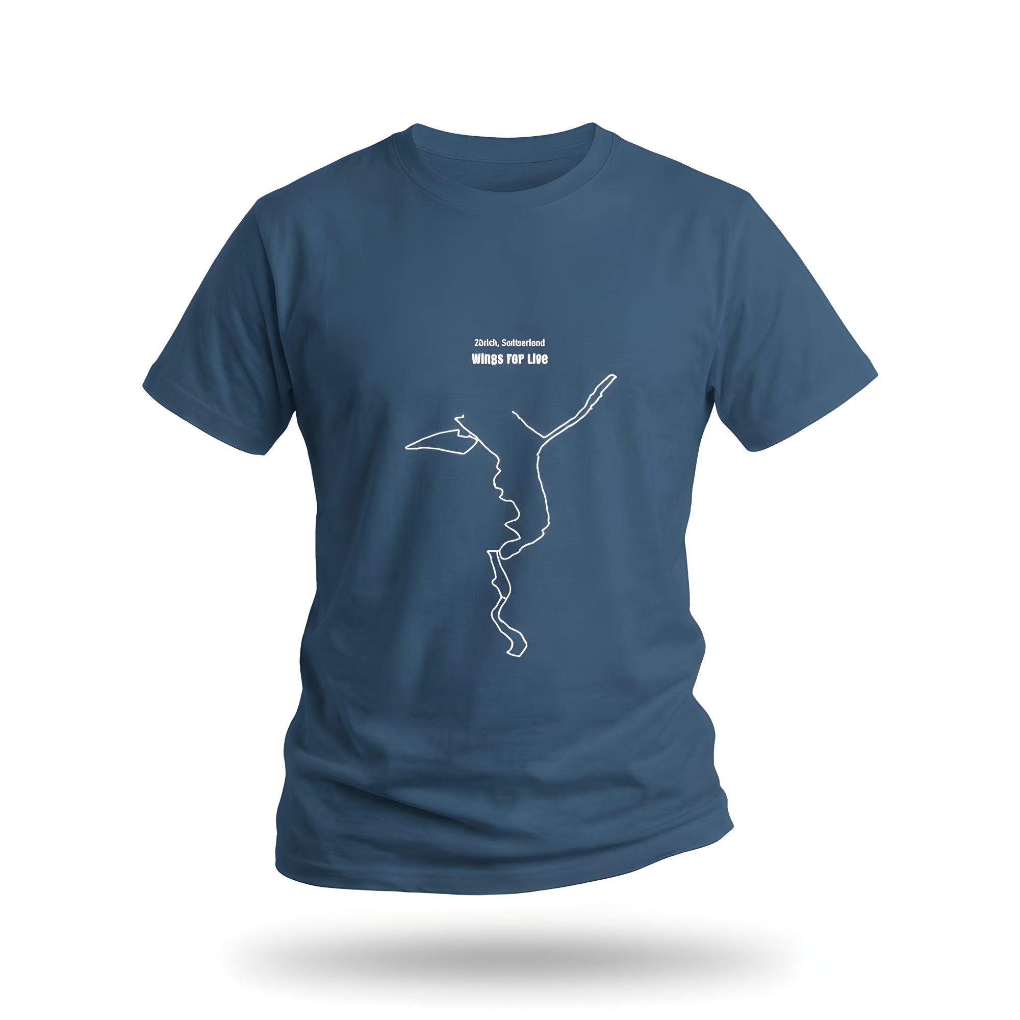 Blue t-shirt with white custom Strava route print art design on a white background