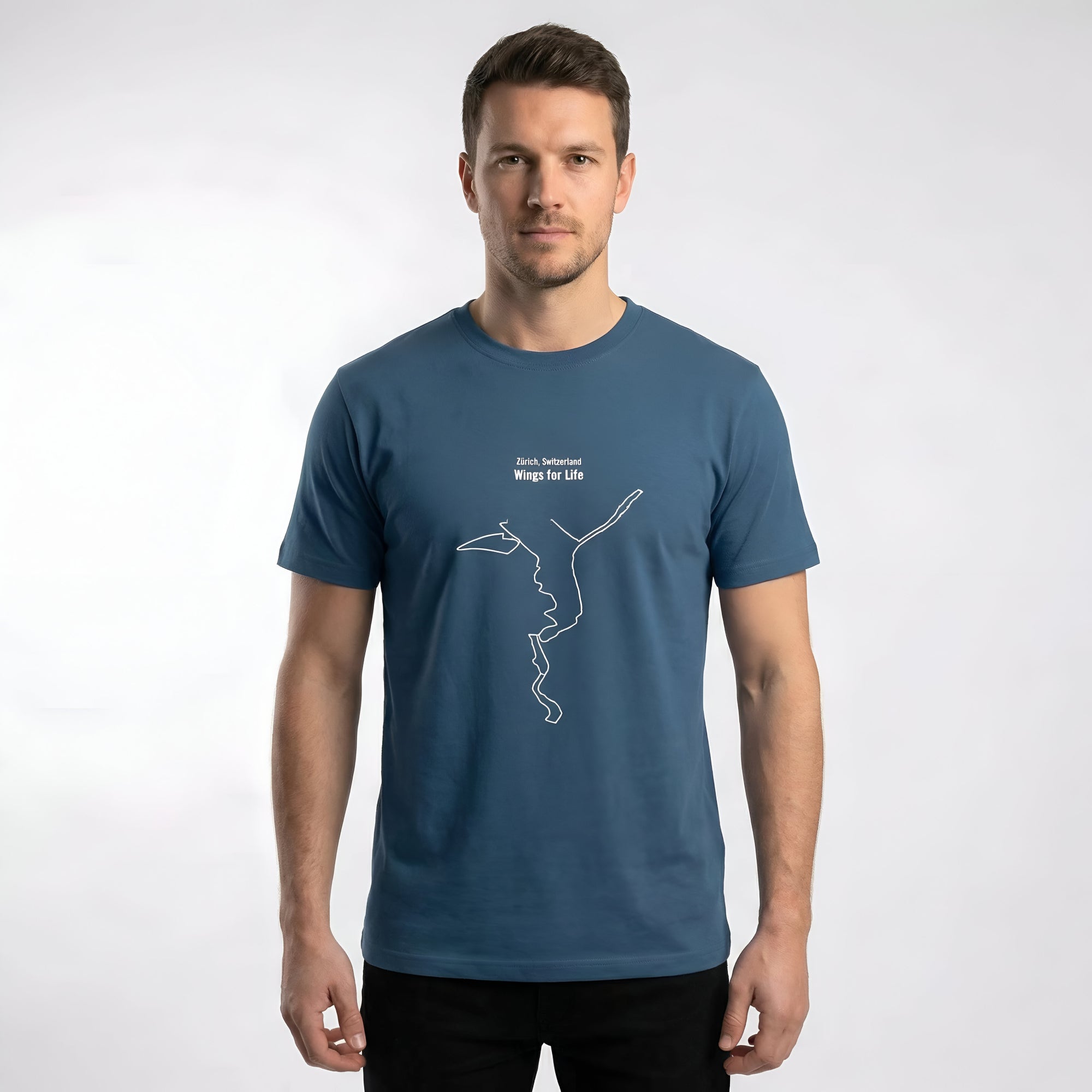 Man wearing a blue t-shirt with a white custom Strava route print art design on a white background