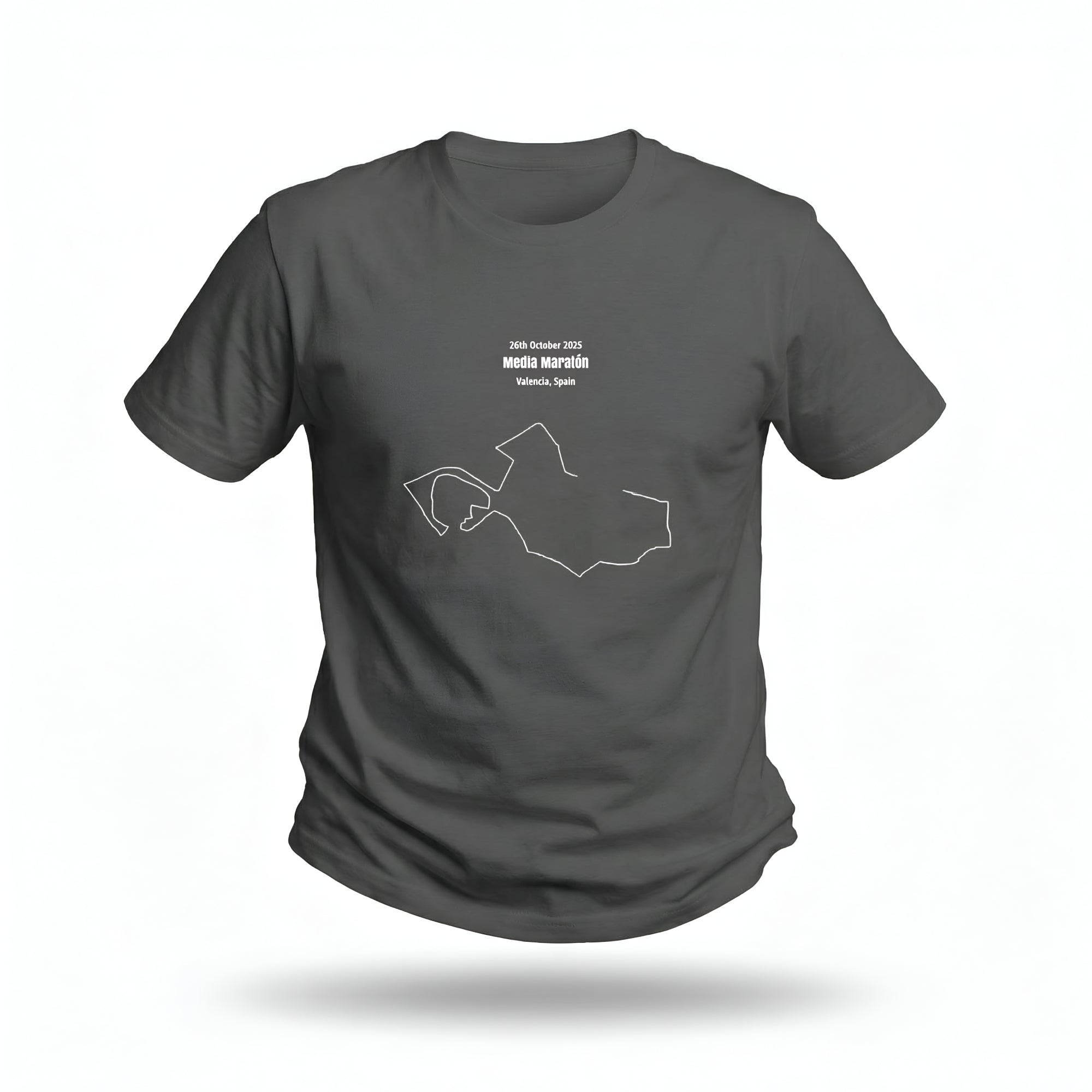 Dark grey t-shirt with white custom Strava route print art design on a white background