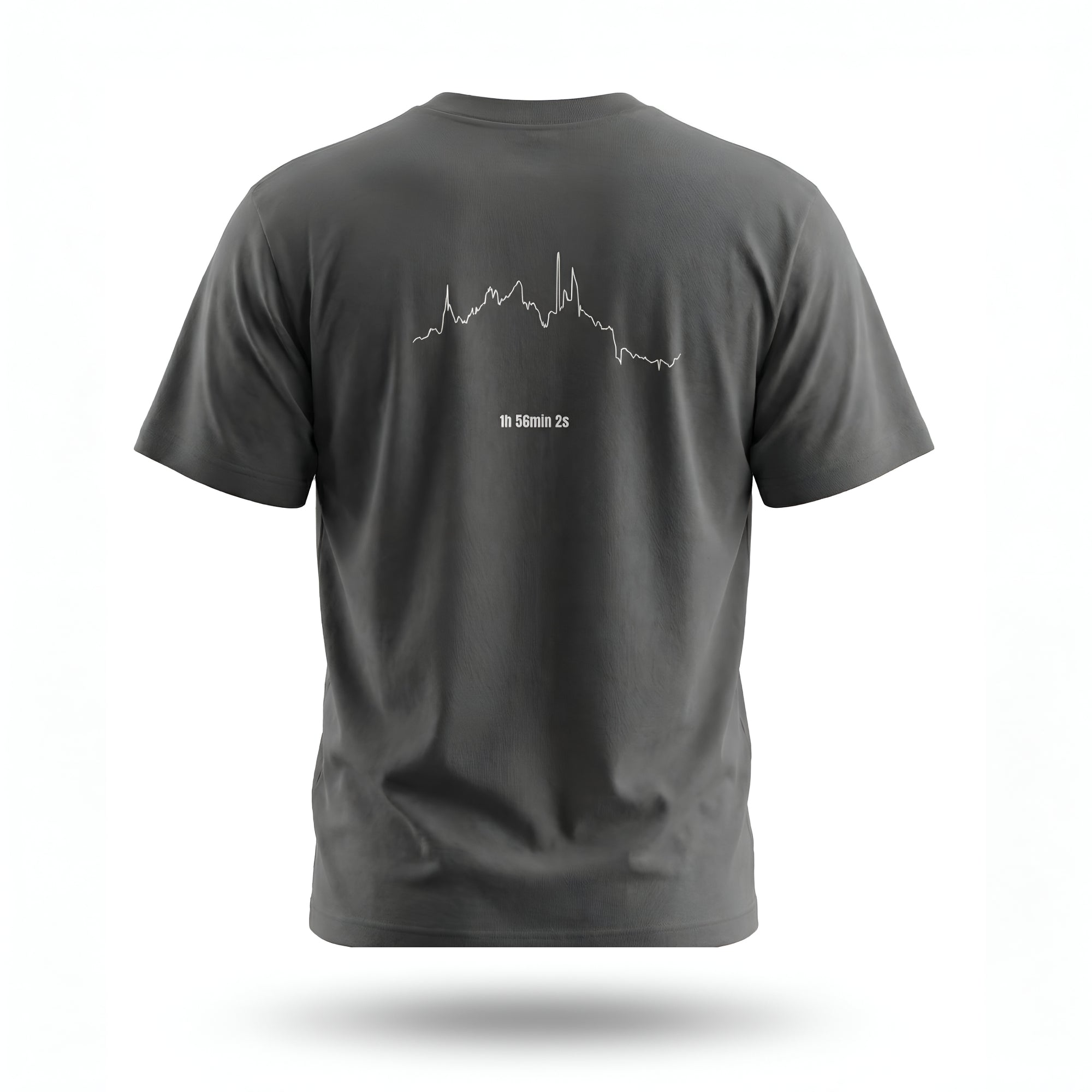 Dark grey t-shirt with custom Strava route print art design on the back against a white background