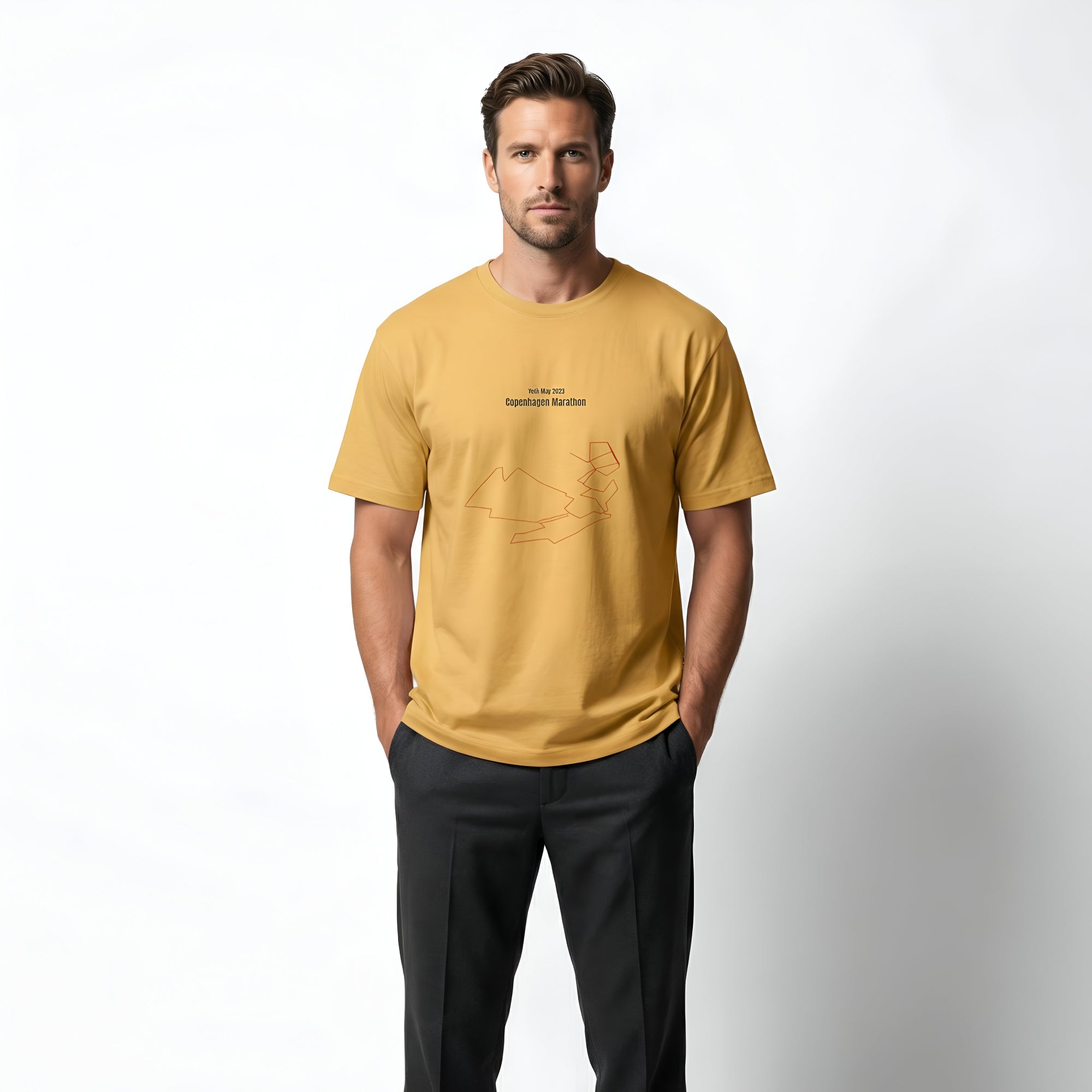 Man wearing a mustard yellow t-shirt with text and custom Strava route print art design on a white background