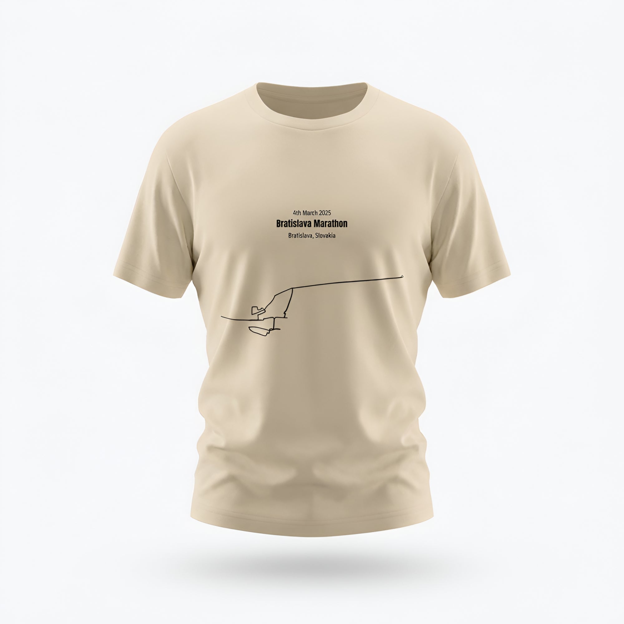 Beige t-shirt with black text and custom Strava route print art design on a white background