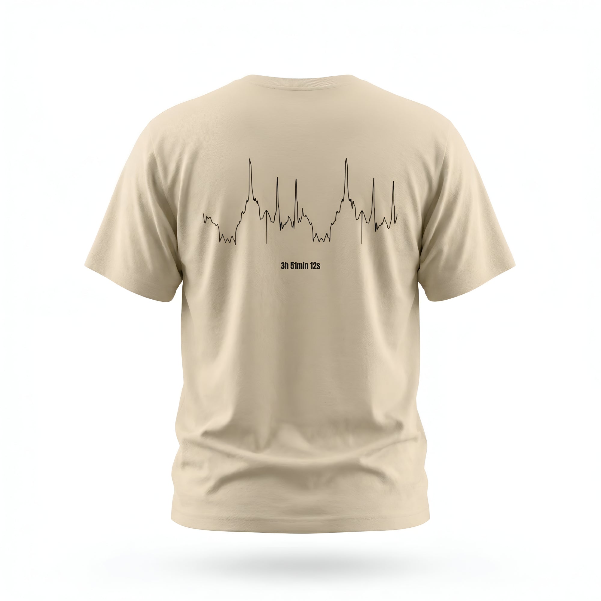 Beige t-shirt with a custom Strava route print art design on the back against a white background