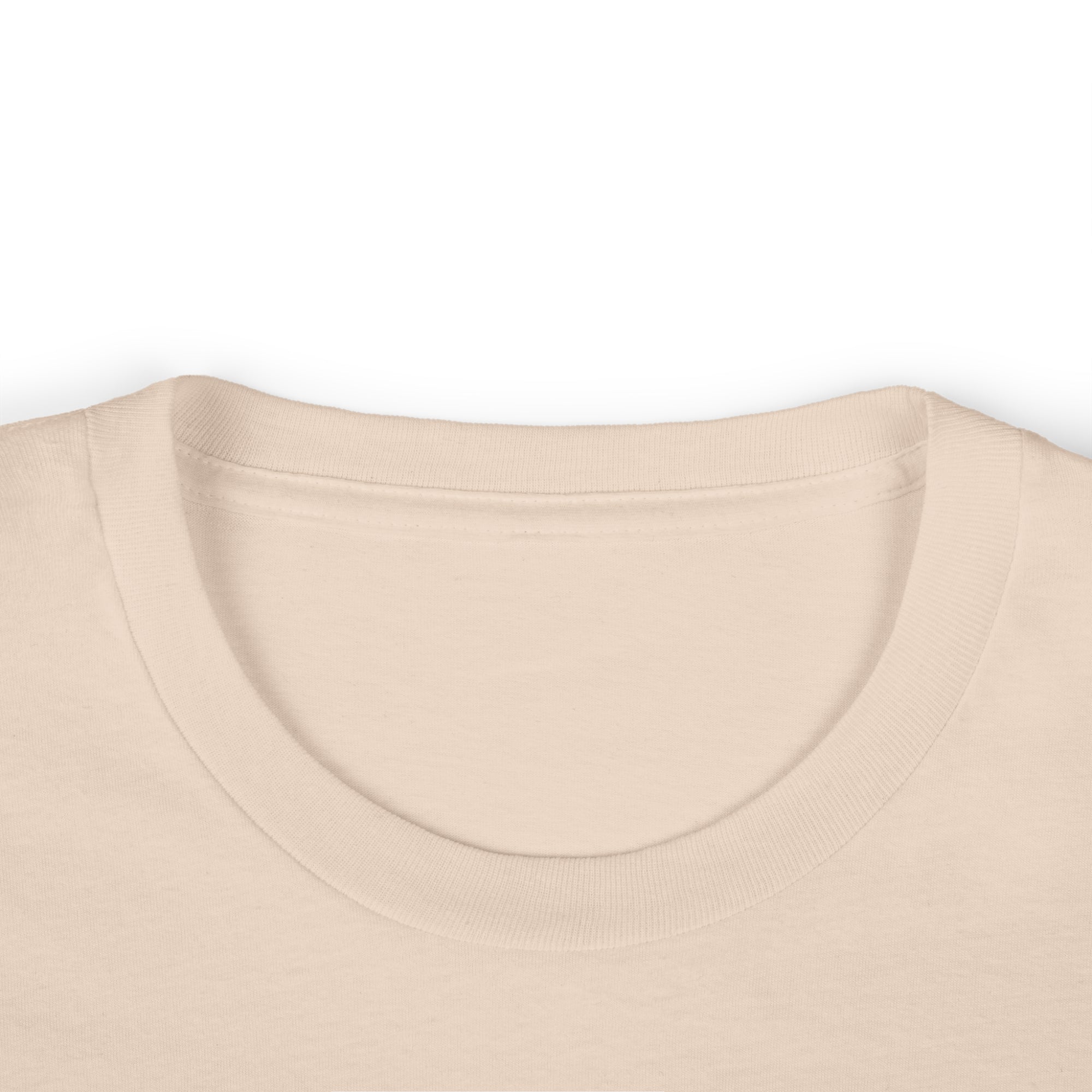 Close-up of a beige t-shirt with a focus on the neckline