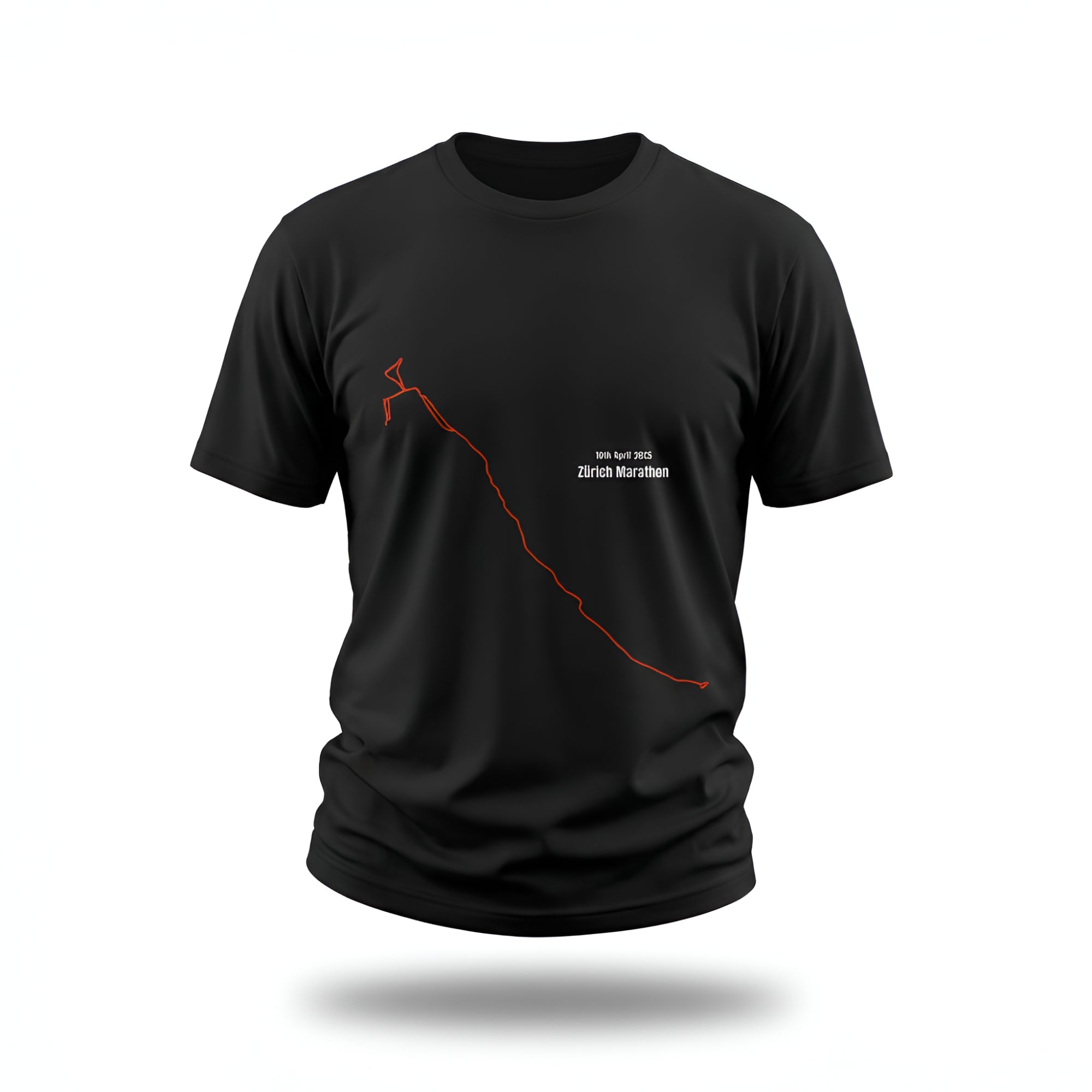 Black t-shirt with red and white custom Strava route print art design on a white background
