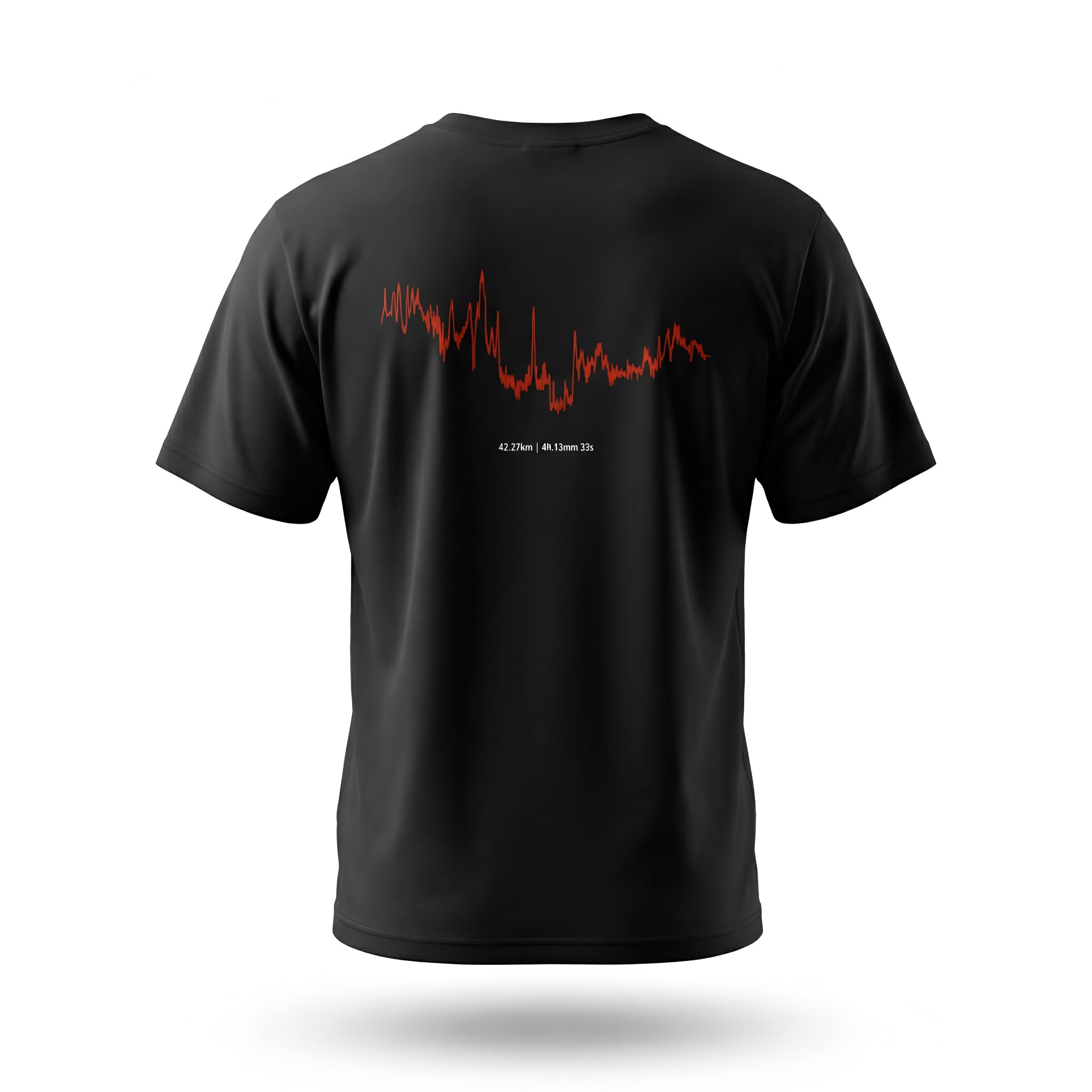 Black t-shirt with custom Strava route print art design on the back against a white background
