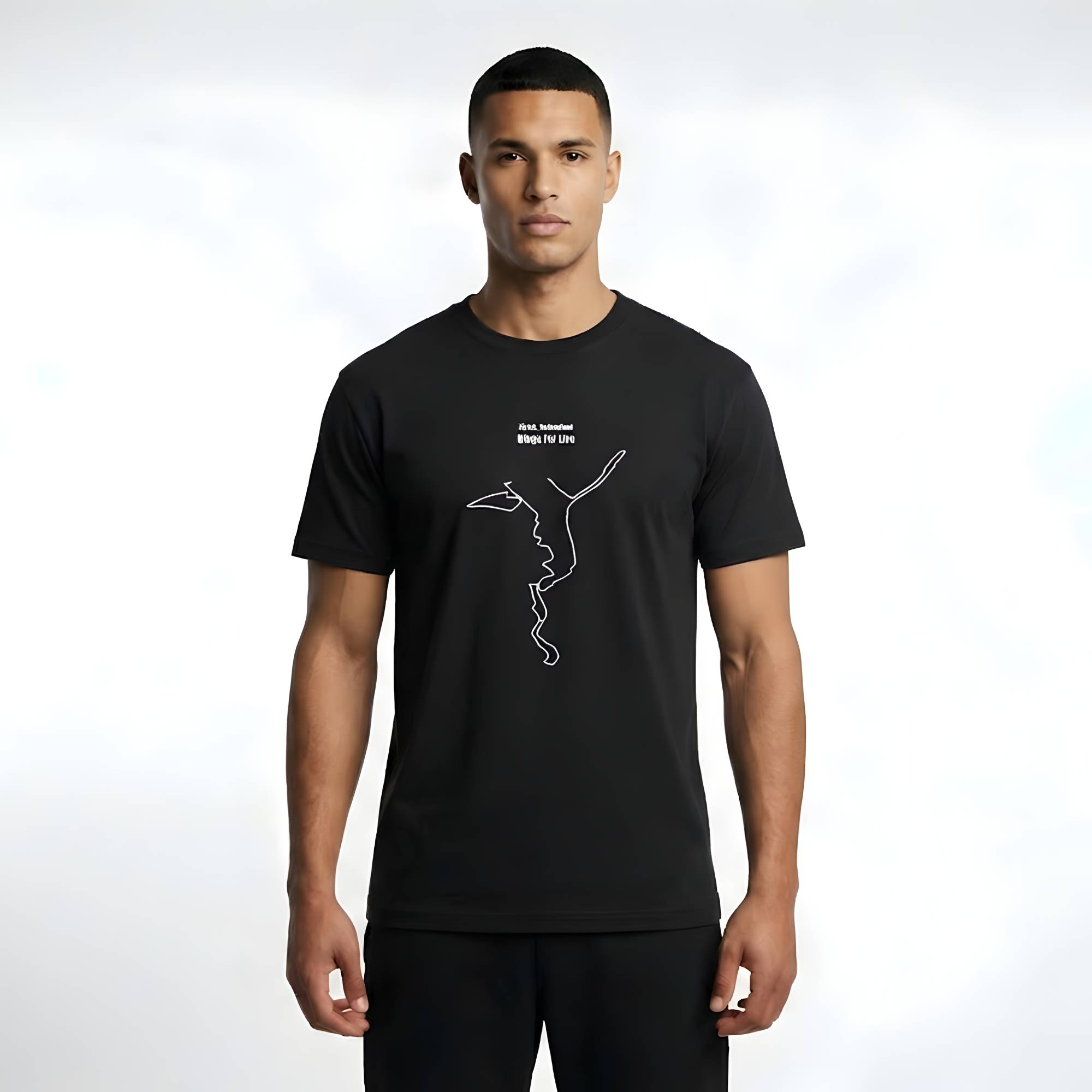 Man wearing a black t-shirt with a white custom Strava route print art design on a white background