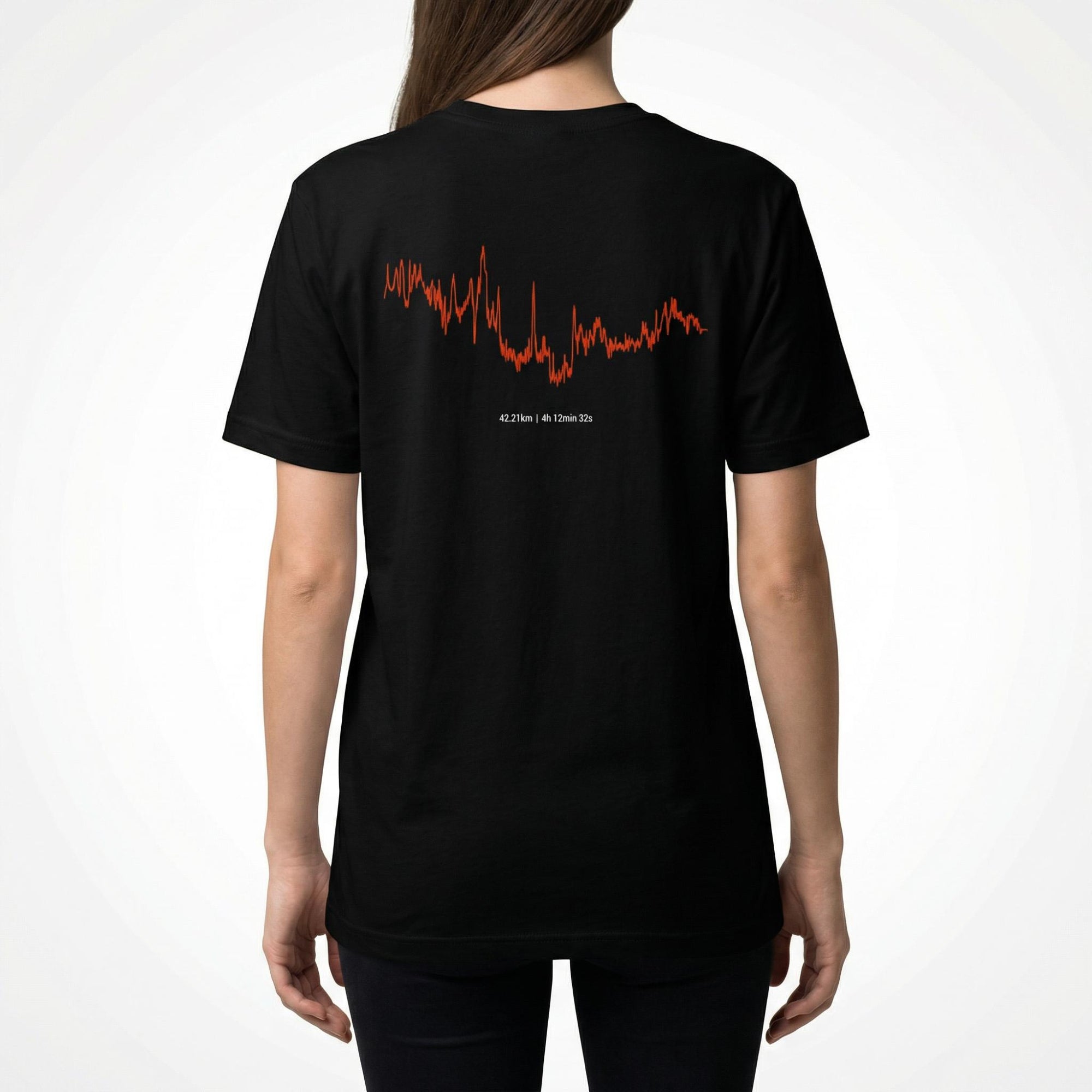 Black t-shirt with red and white custom Strava route print art design on the back, worn by a person against a white background
