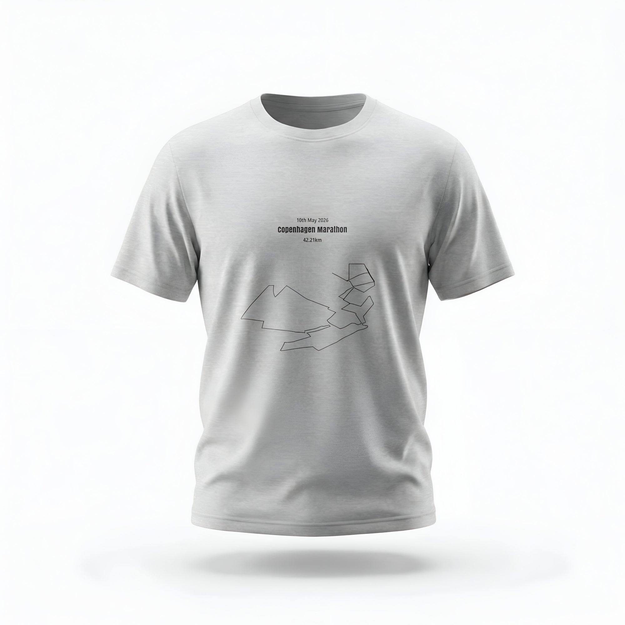 Gray t-shirt with a custom Strava route print art design and text on a white background#color_grey