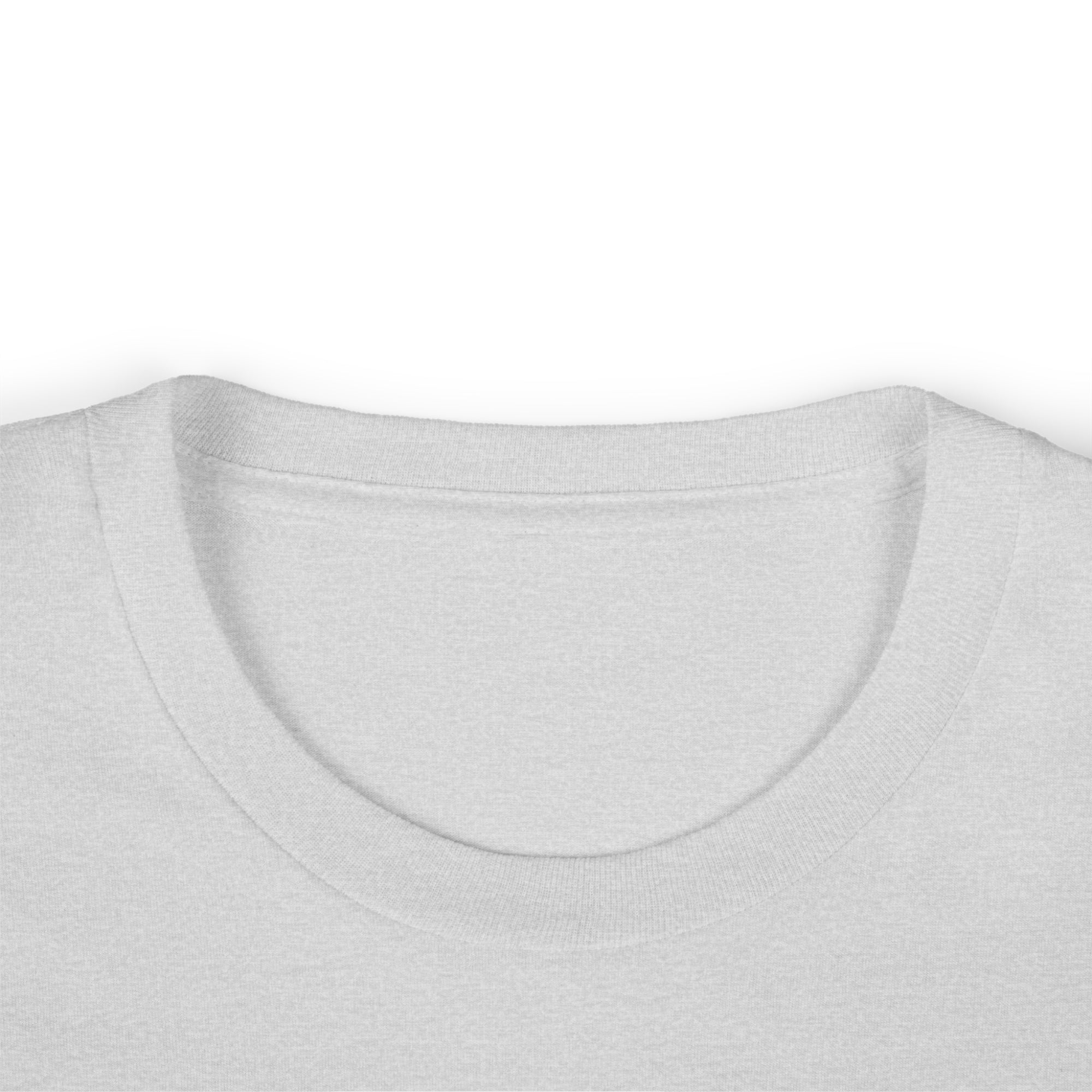 Close-up of a plain white t-shirt with a focus on the neckline