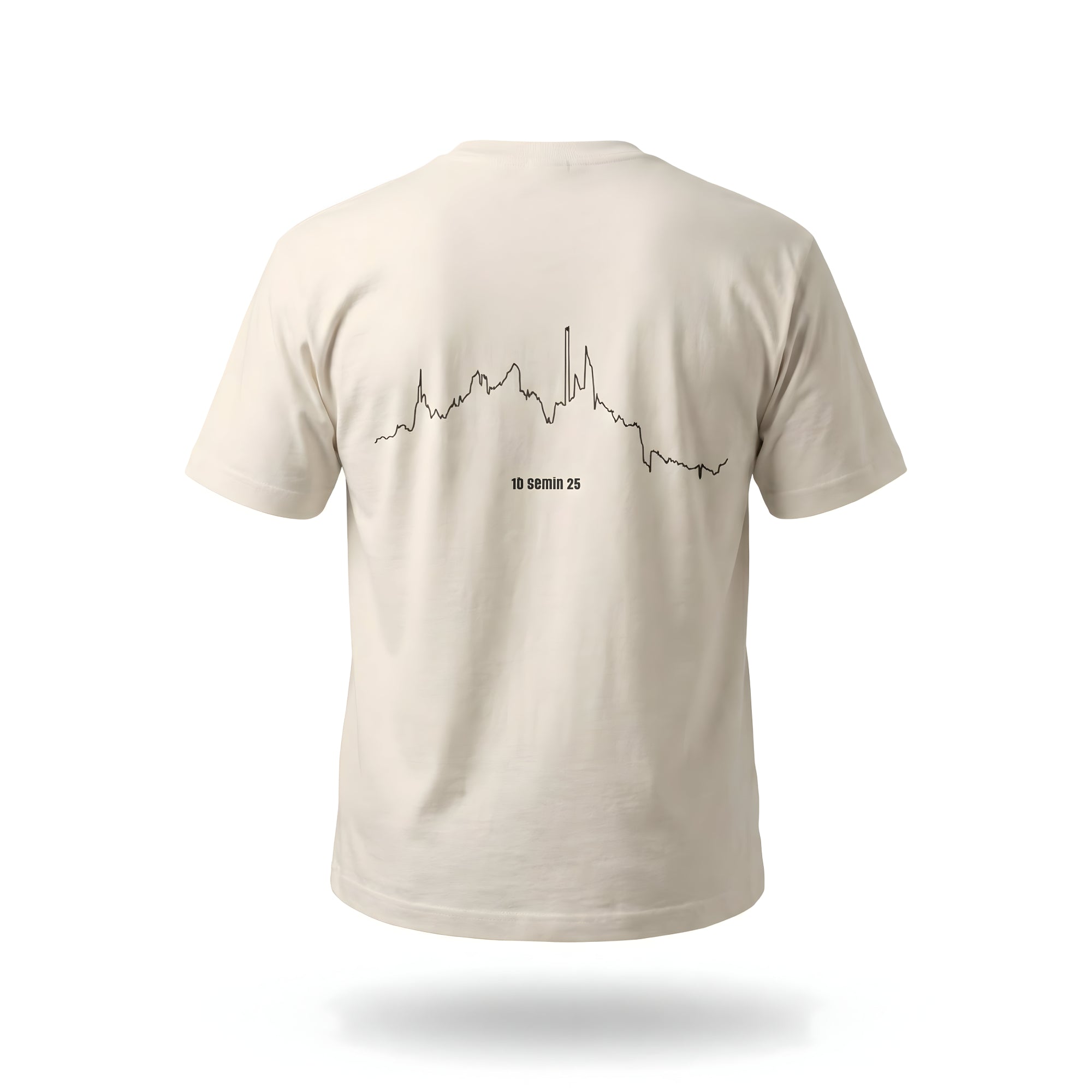 Beige t-shirt with a black custom Strava route print art design on the back against a white background