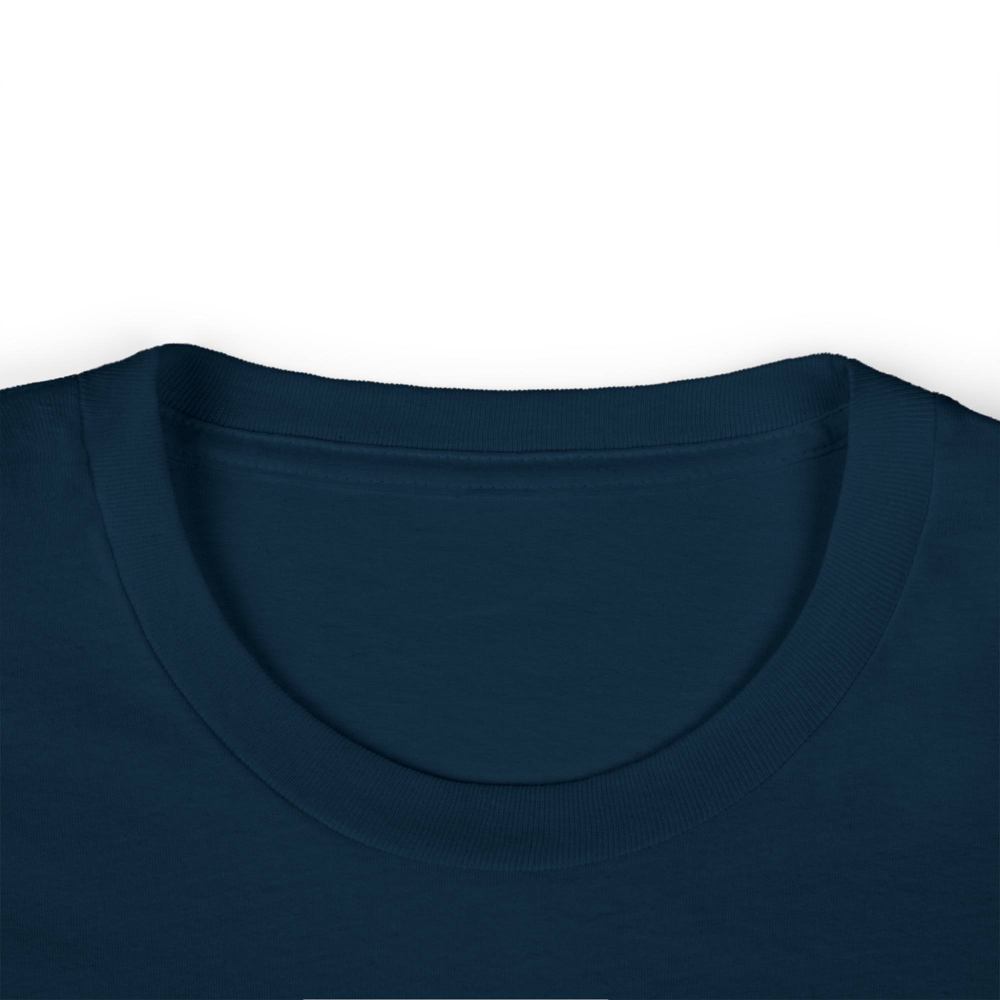 Close-up of a navy blue shirt collar on a white background
