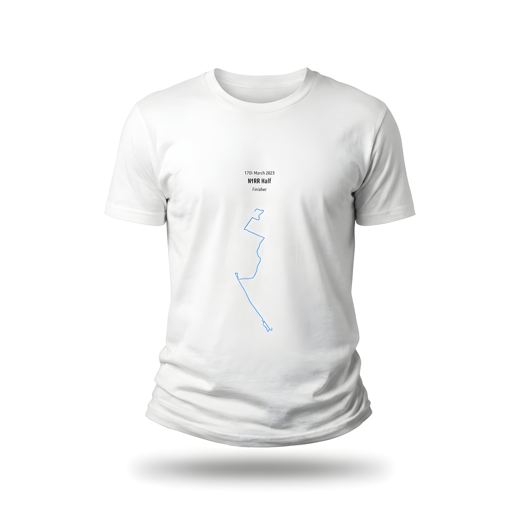 White t-shirt with a blue custom Strava route print art design on a white background