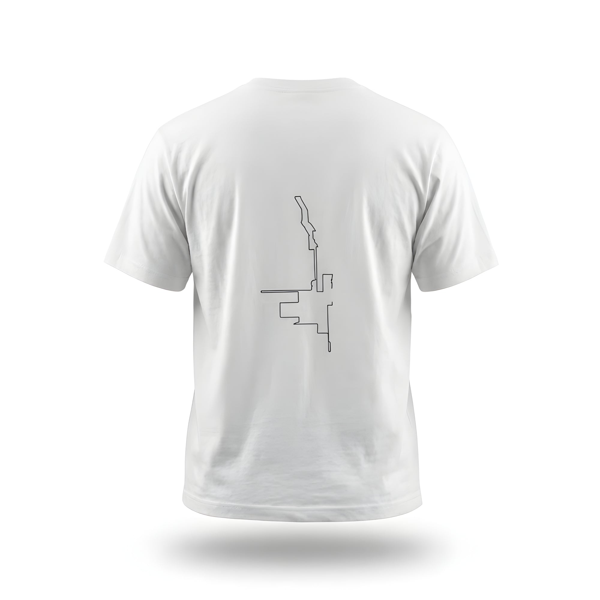 White t-shirt with a black custom Strava route print art design on the back against a white background
