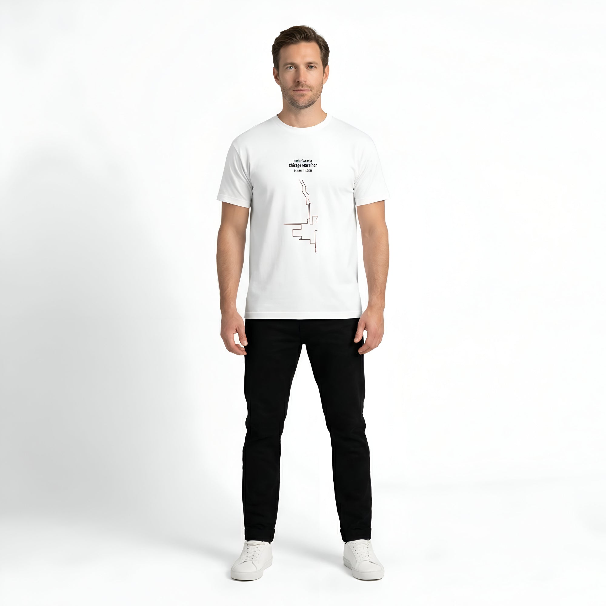Man wearing a white t-shirt with text and custom Strava route print art on a plain background