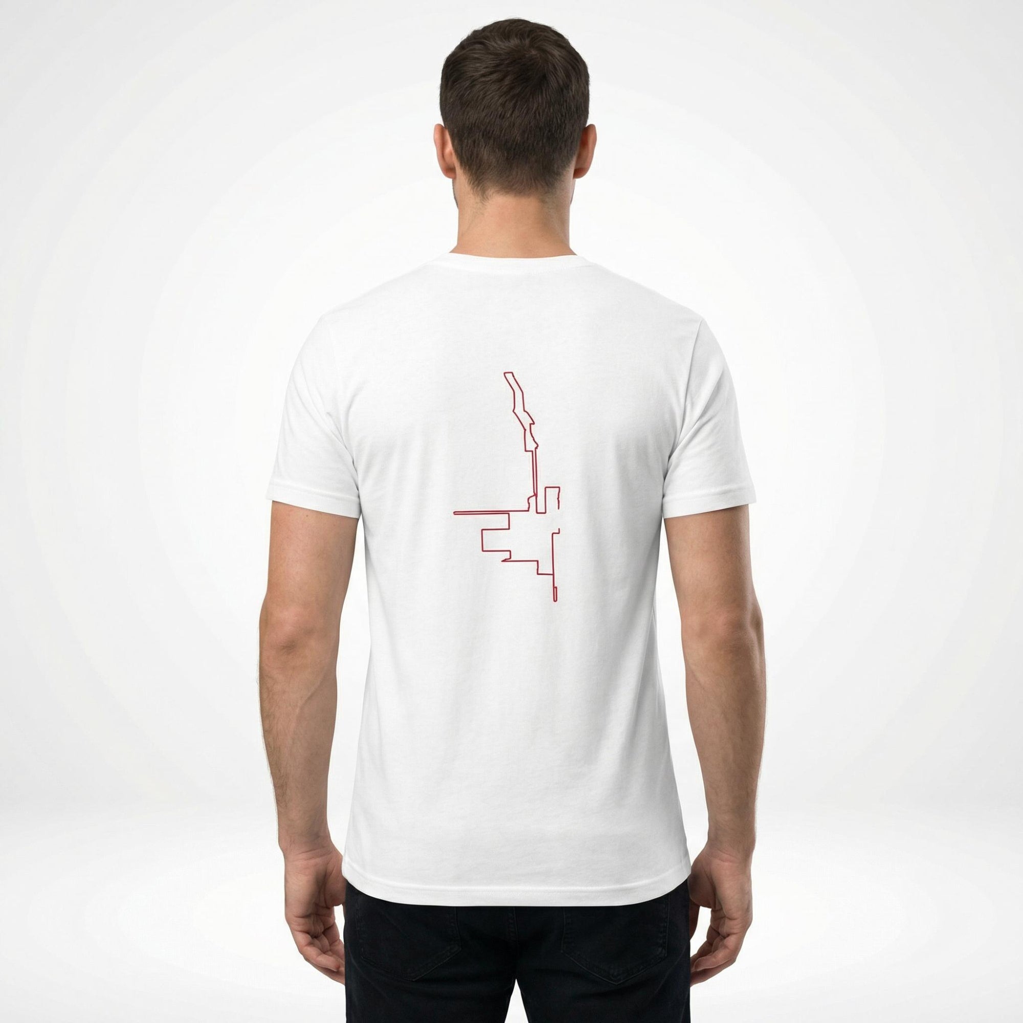 Person wearing a white t-shirt with a red custom Strava route print art design on the back against a white background