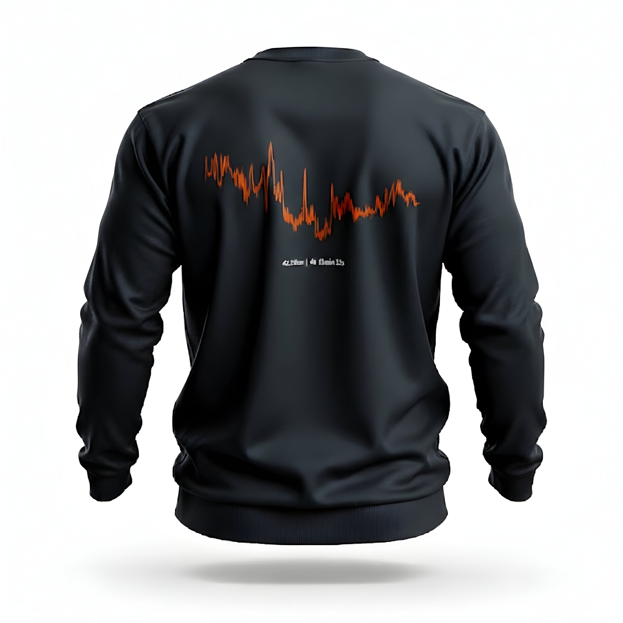Black sweatshirt with orange custom Strava route print art design on the back against a white background