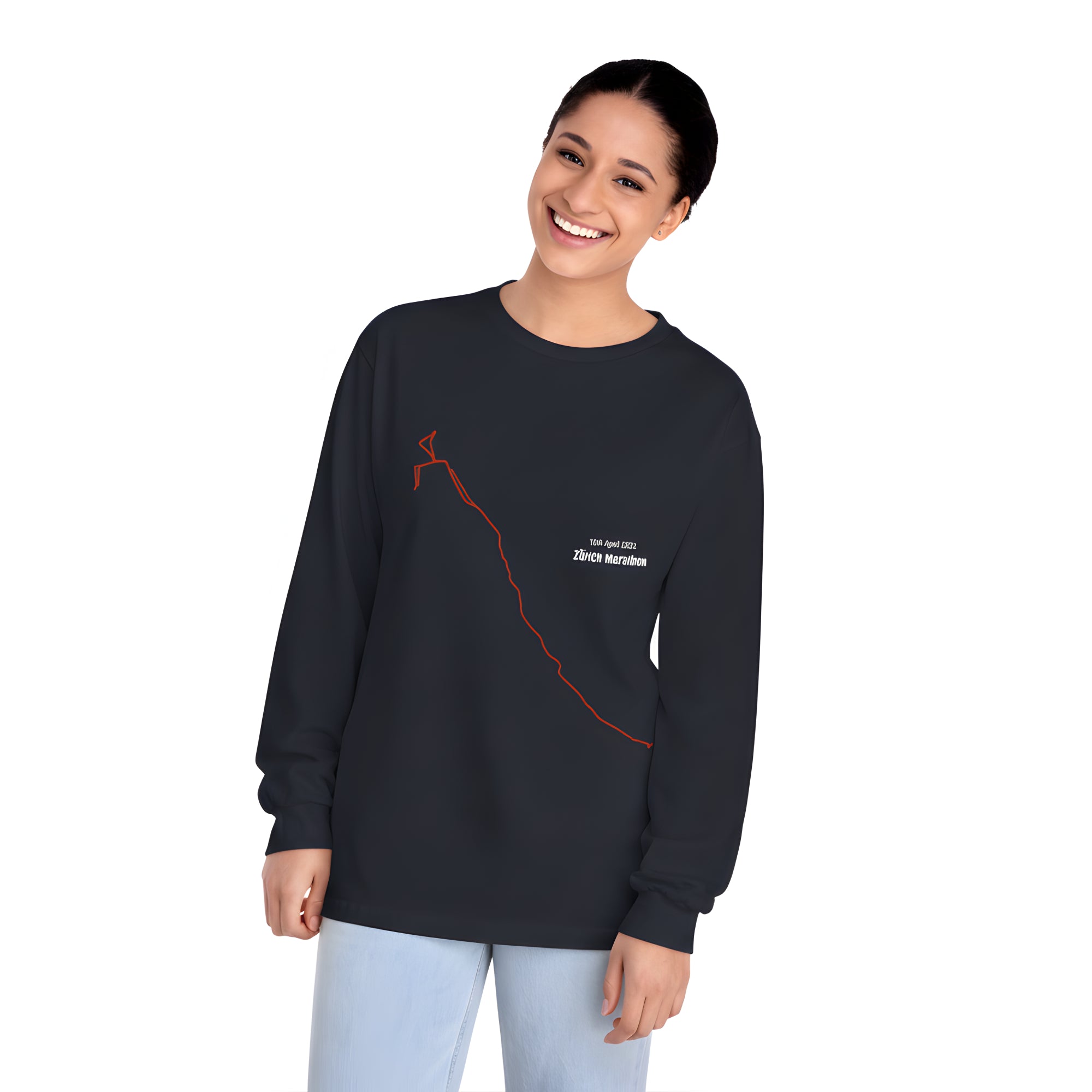 Person wearing a black long-sleeve shirt with custom Strava route print art design on a white background