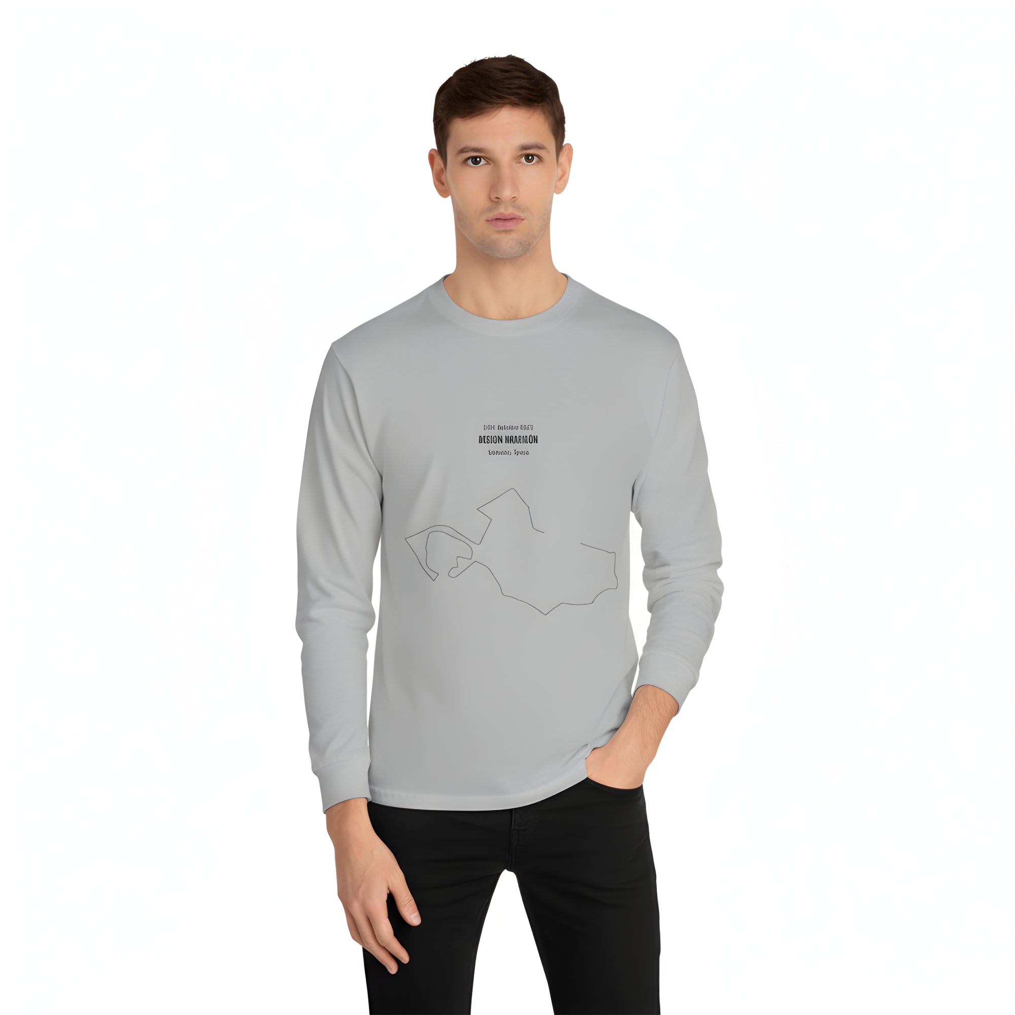 Man wearing a gray long-sleeve shirt with custom Strava route print art design on a white background