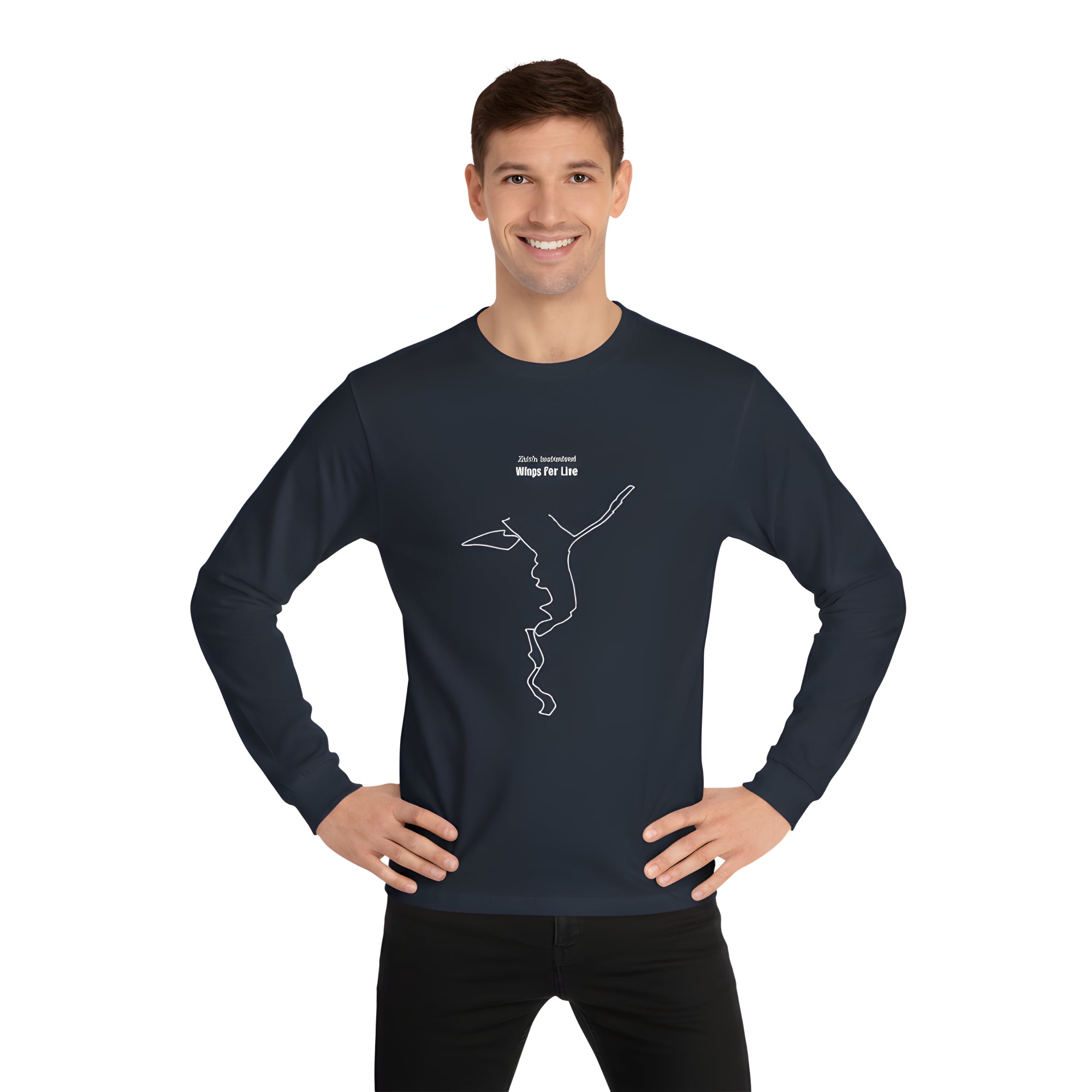 Man wearing a navy long-sleeve shirt with a white custom Strava route print art design on a white background