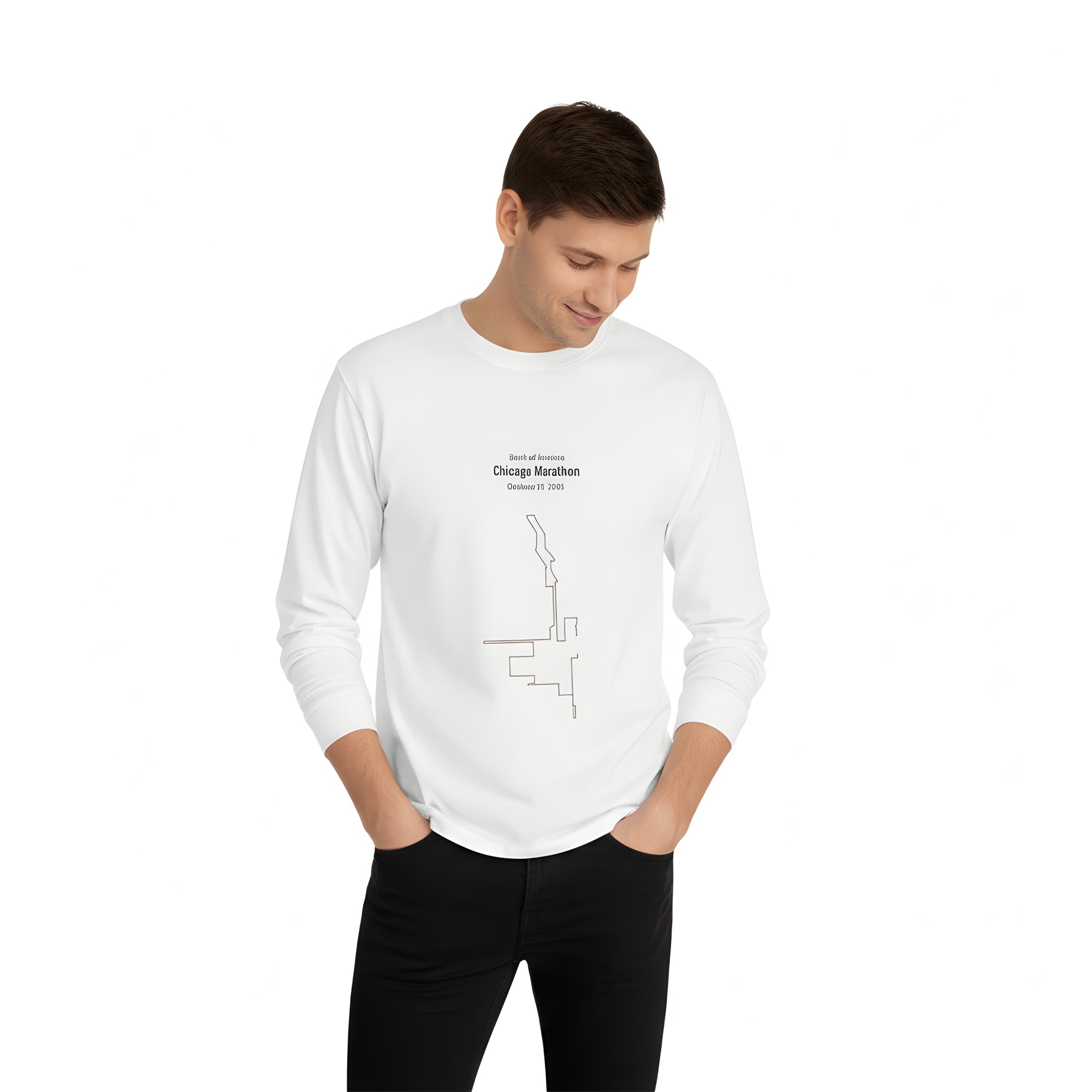 Man wearing a white long-sleeve shirt with a custom Strava route print art design on a white background