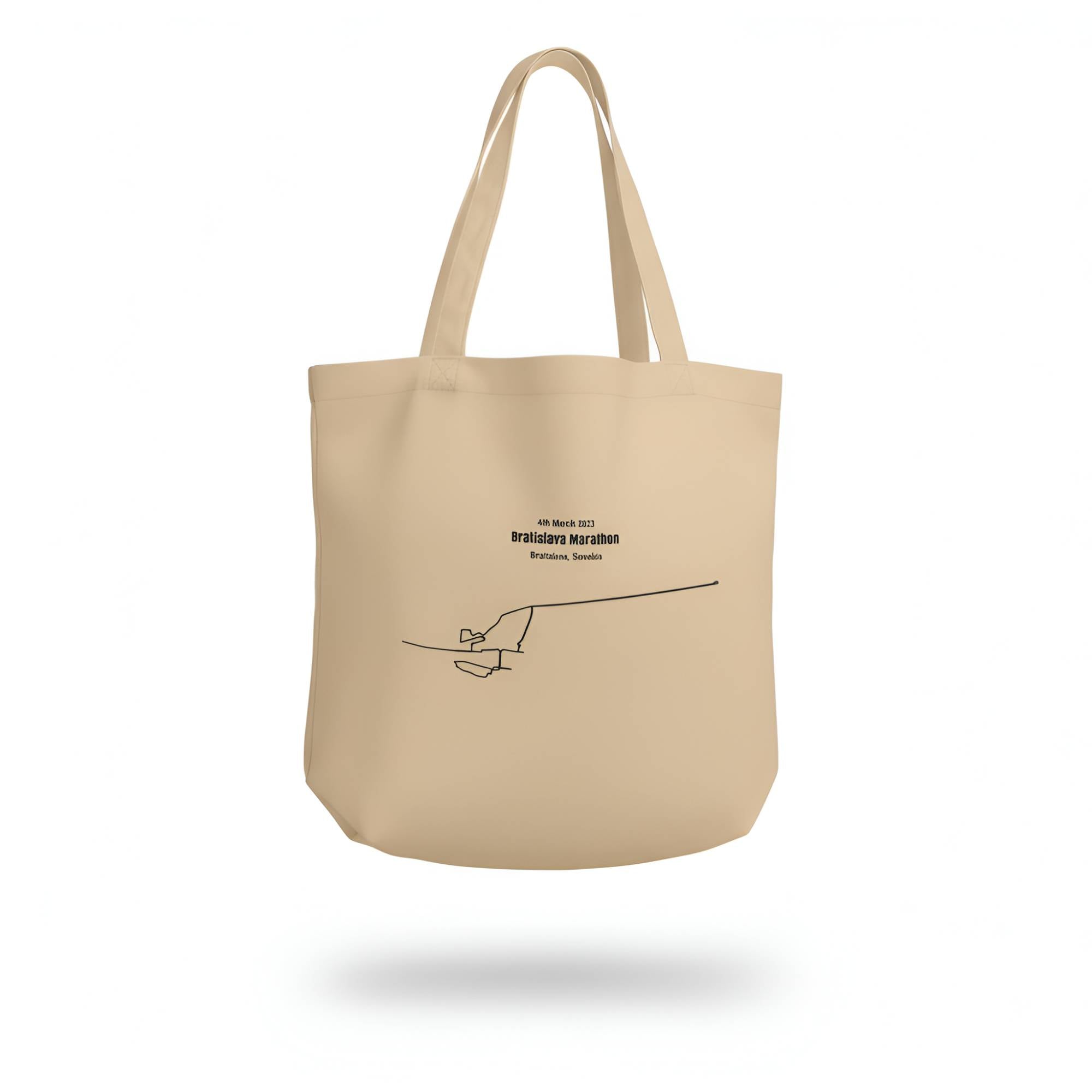 Beige tote bag with black text and custom Strava route print art on a white background