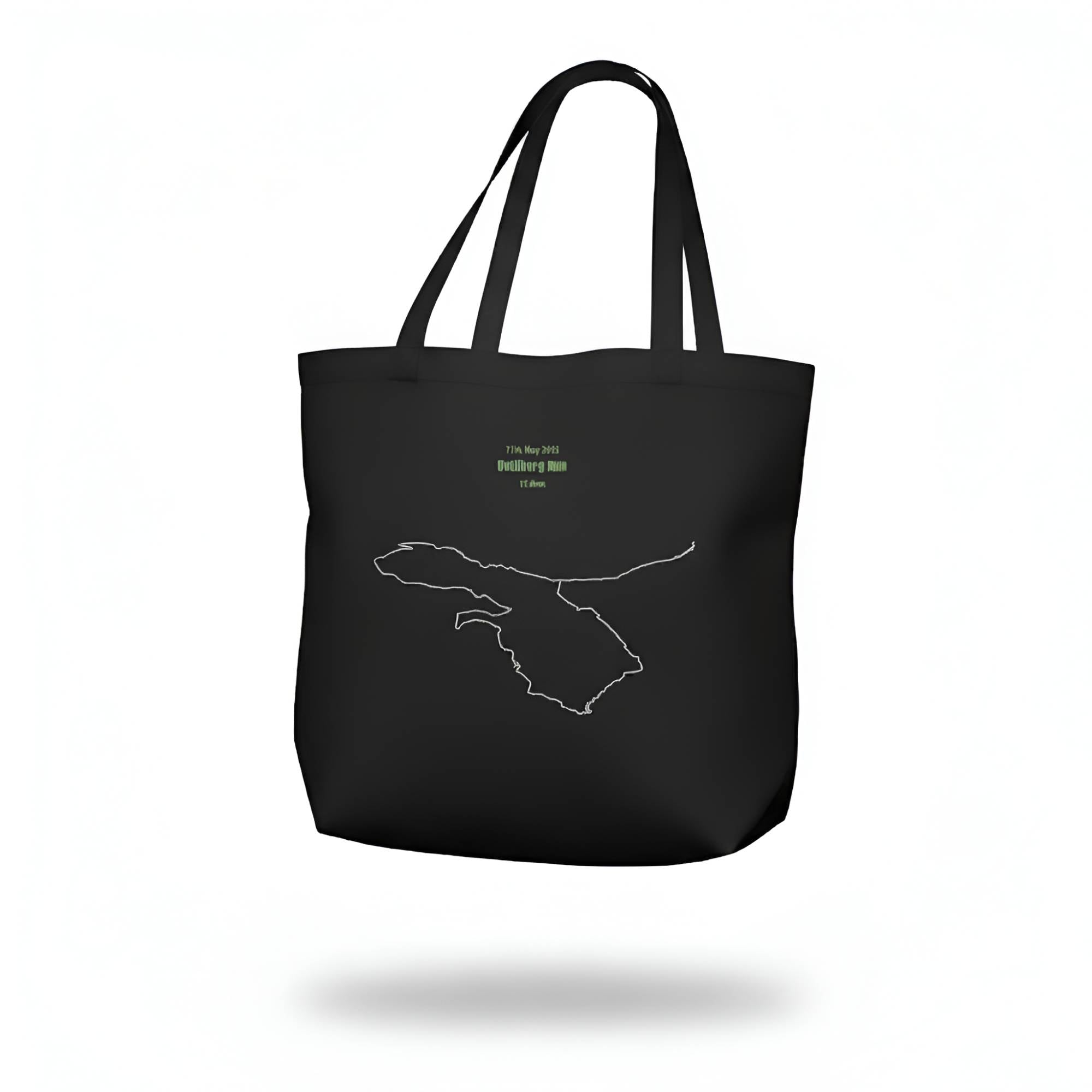 Black tote bag with a white custom Strava route print art design on a white background