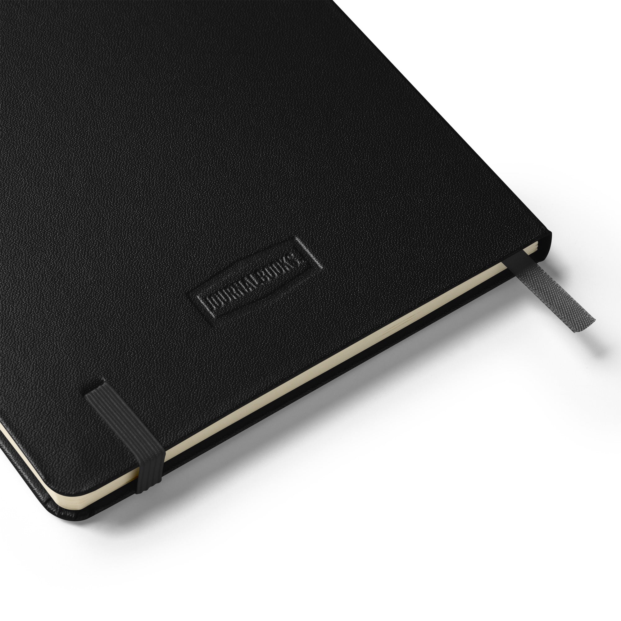 Black notebook with a brand logo on a white background