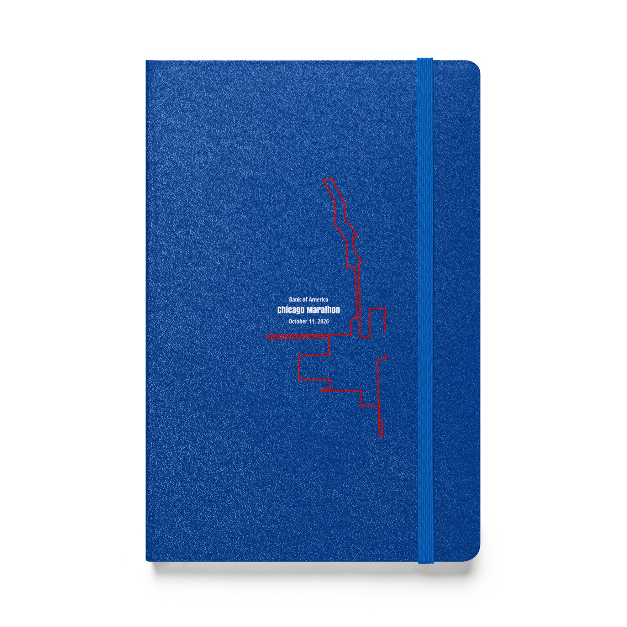 Blue notebook with red custom Strava route print art design on a white background