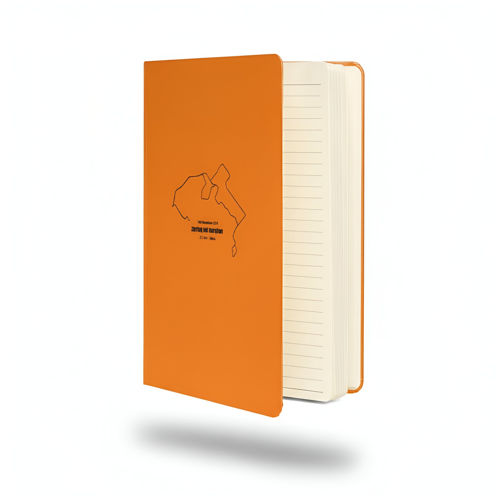 Orange notebook with custom Strava route print art and a white interior on a white background