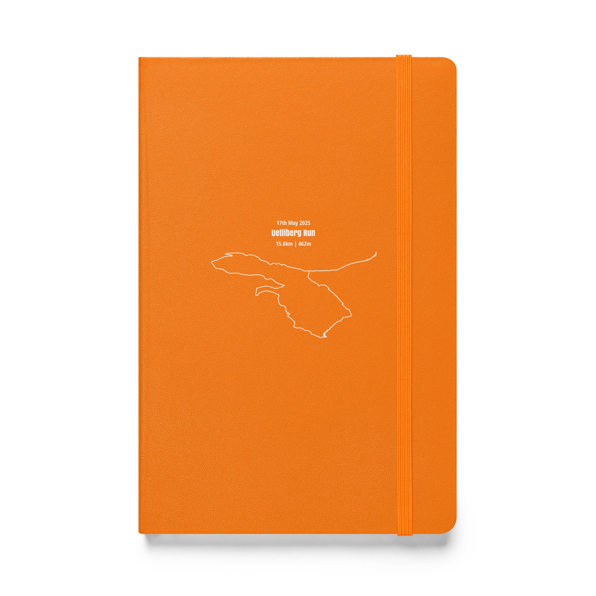 Orange notebook with white custom Strava route print art design on a white background