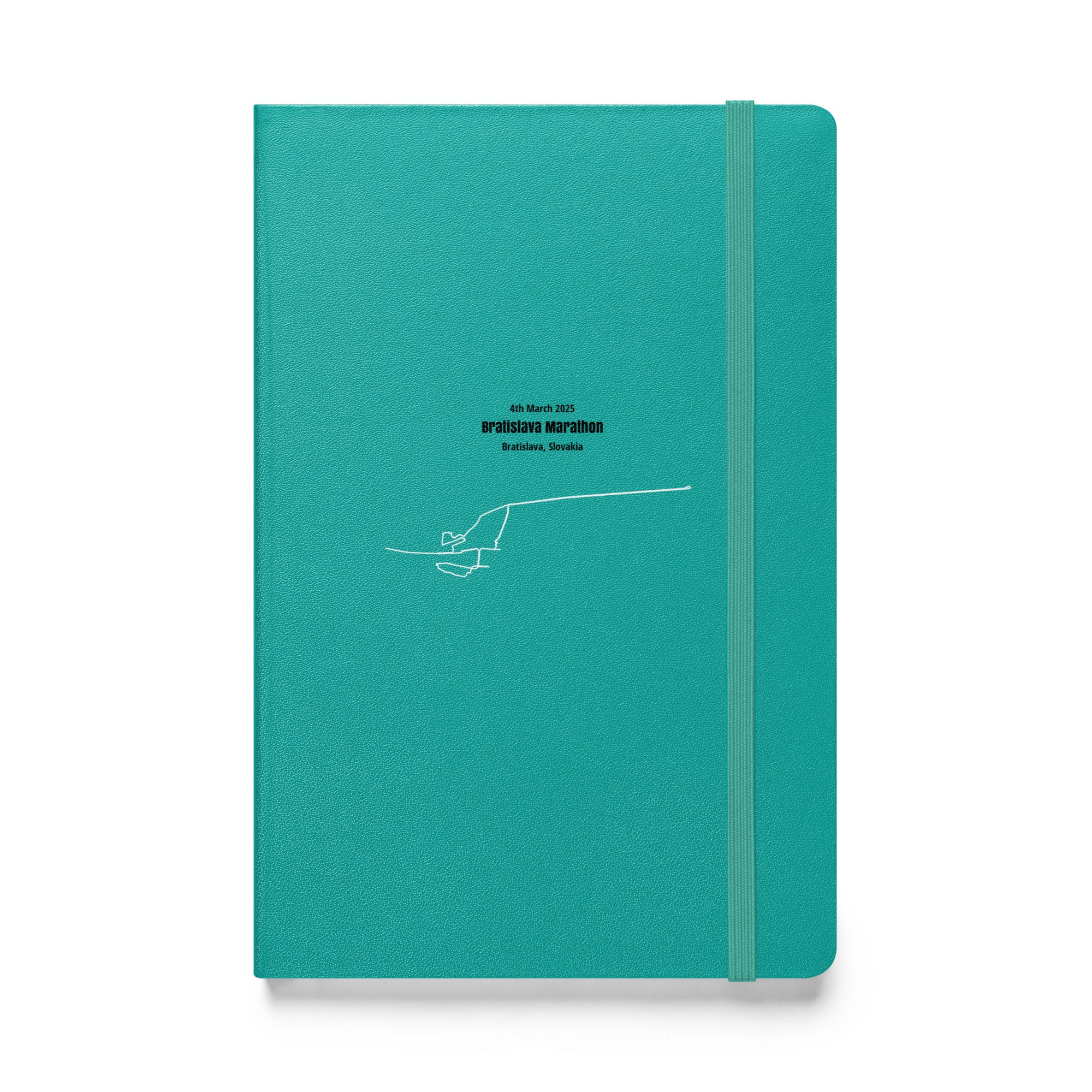 Teal notebook with custom Strava route print art design on a white background