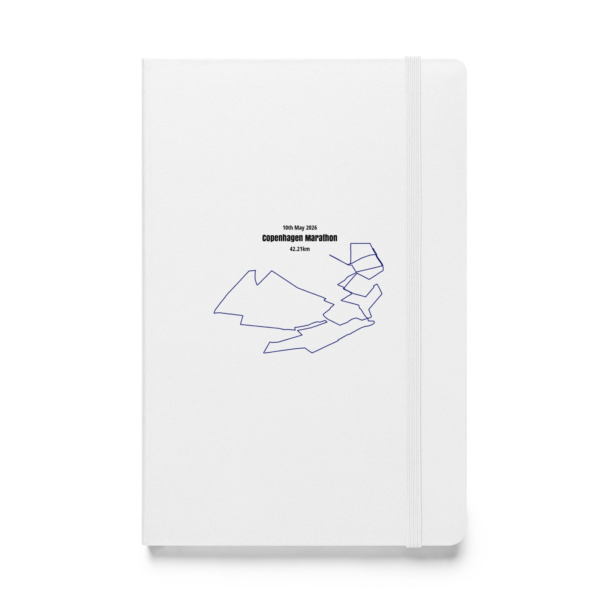 White notebook with black custom Strava route print art art and text on a white background