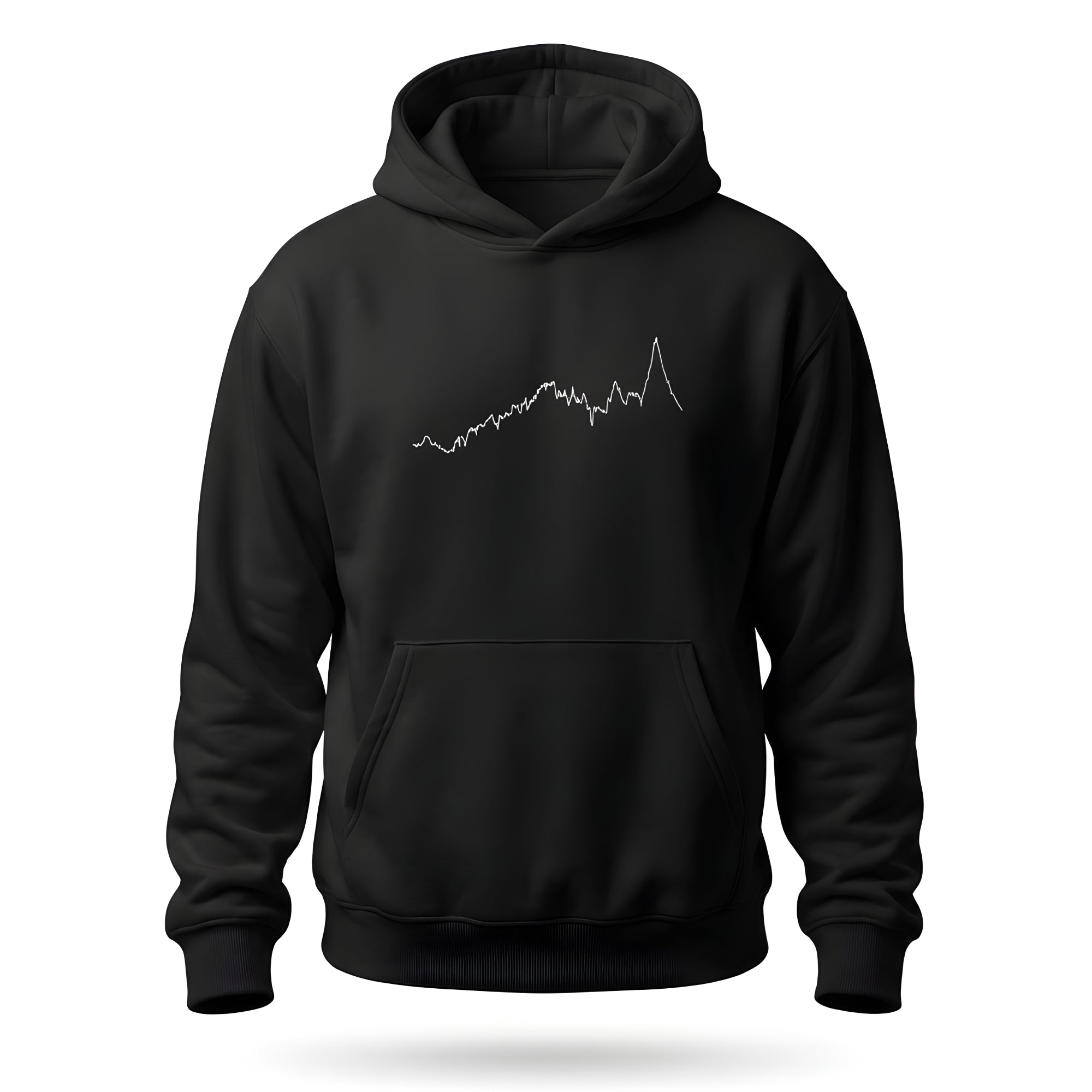 Black hoodie with a white custom Strava route print art design on a white background