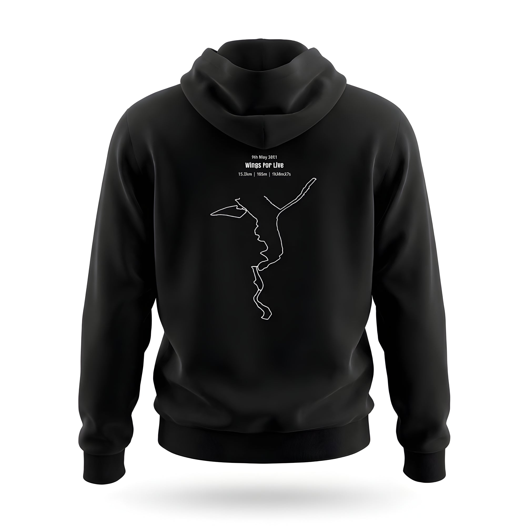 Black hoodie with white custom Strava route print art design on a white background