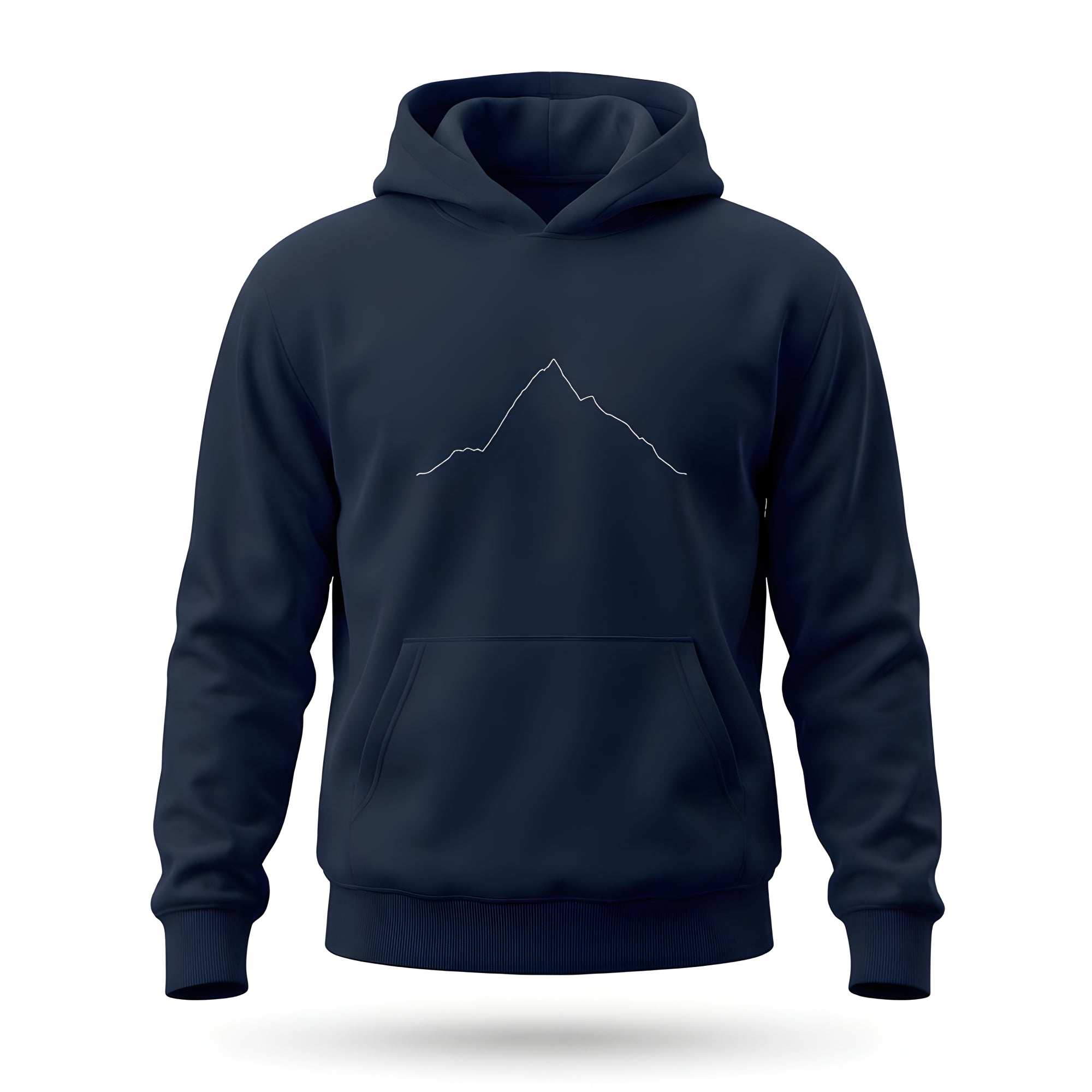 Navy blue hoodie with custom Strava route print art design on a white background