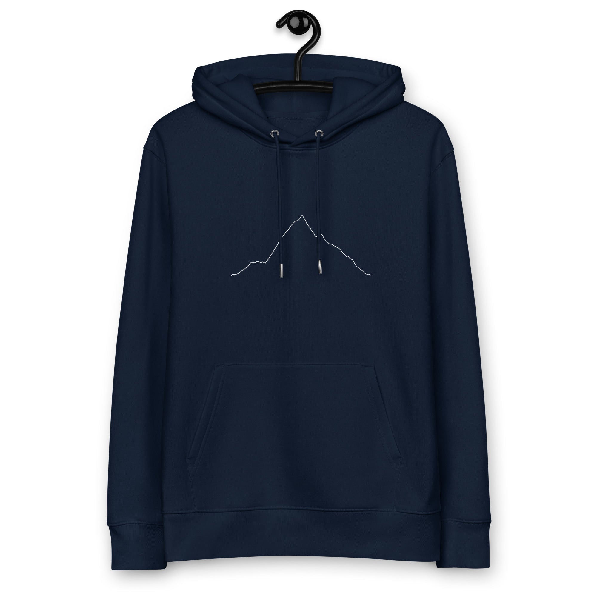 Navy blue hoodie with custom Strava route print art design on a hanger against a white background