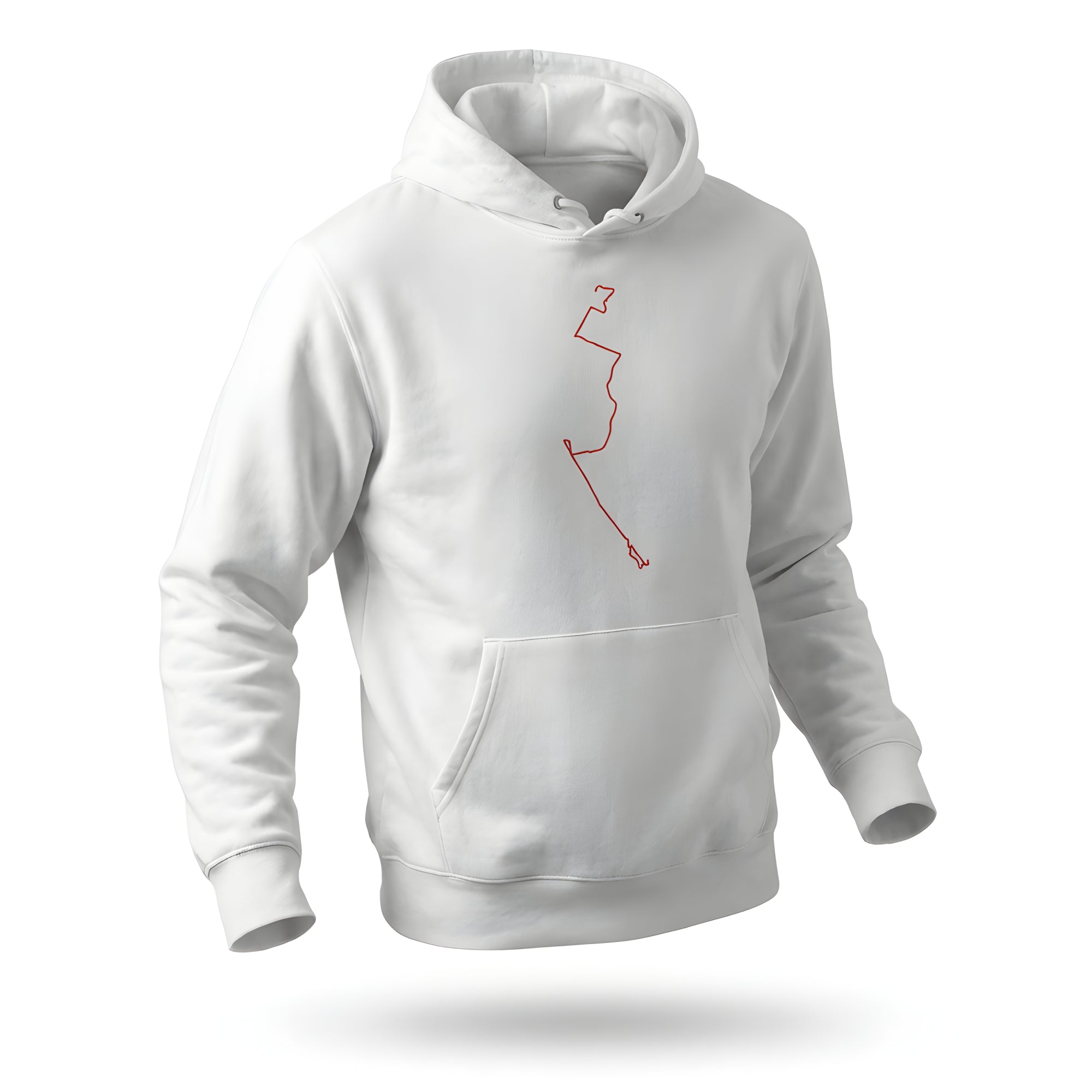 White hoodie with a red custom Strava route print art on a white background