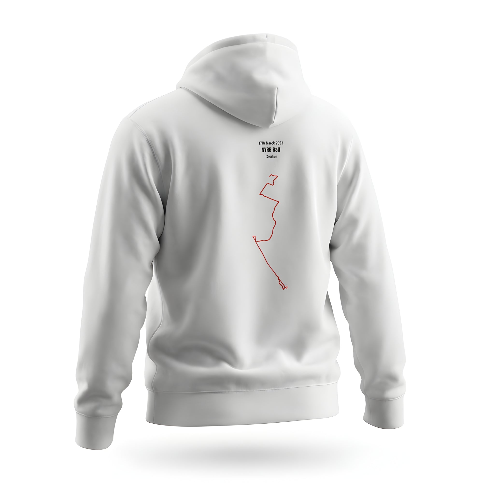White hoodie with a red custom Strava route print art design on the back against a white background