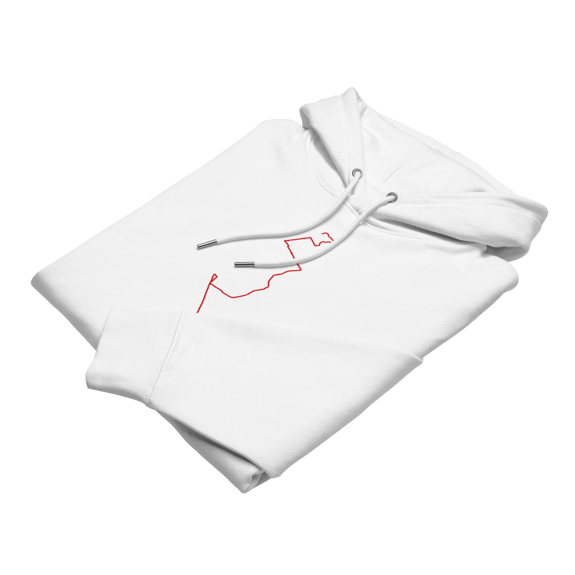 White hoodie with red custom Strava route print art design on a white background