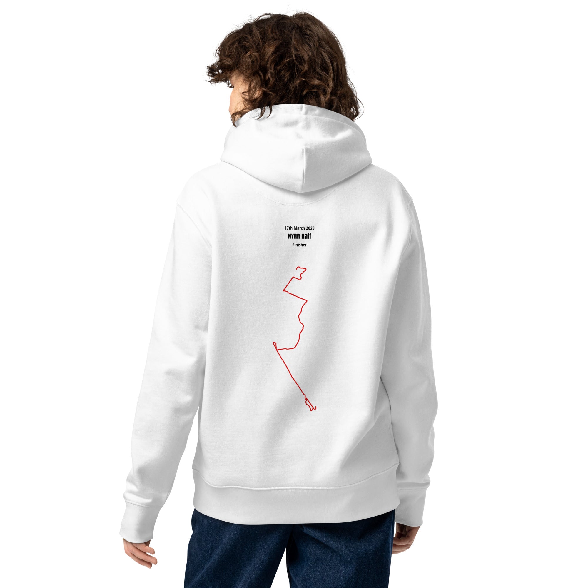 Person wearing a white hoodie with a red custom Strava route print art on the back, standing against a white background
