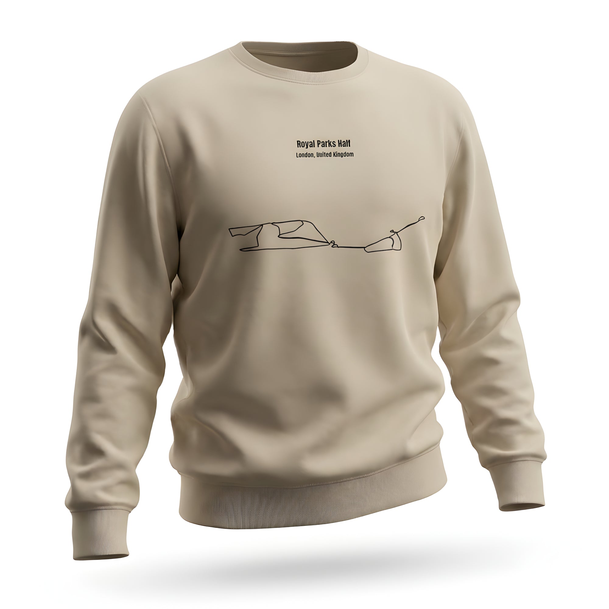 Beige sweatshirt with custom Strava route print art design on a white background