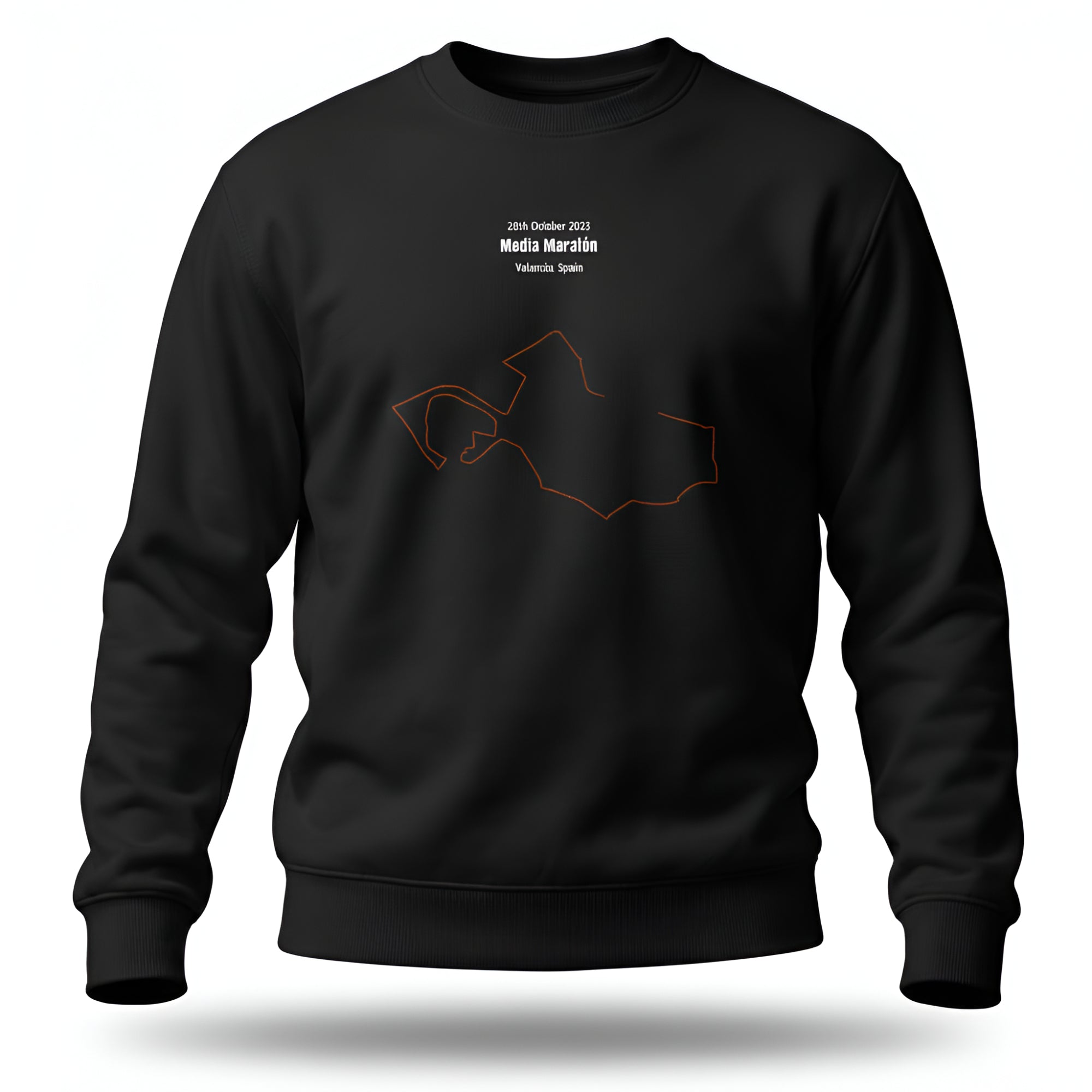 Black sweatshirt with custom Strava route print art design and text on a white background