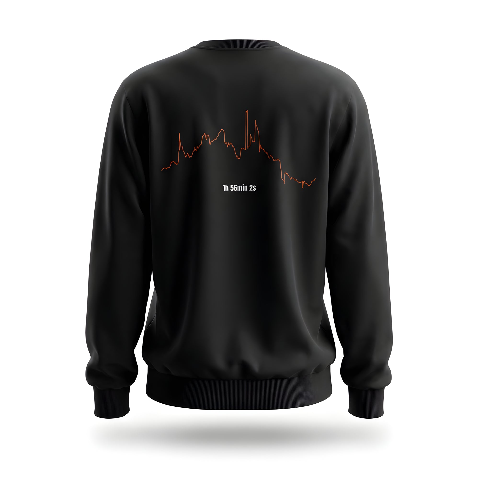 Black sweatshirt with red custom Strava route print art design on the back against a white background