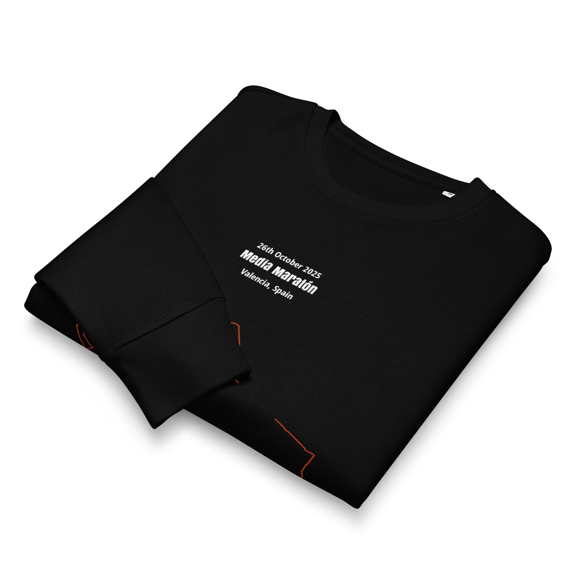 Folded black t-shirt with white custom Strava route print art on a white background