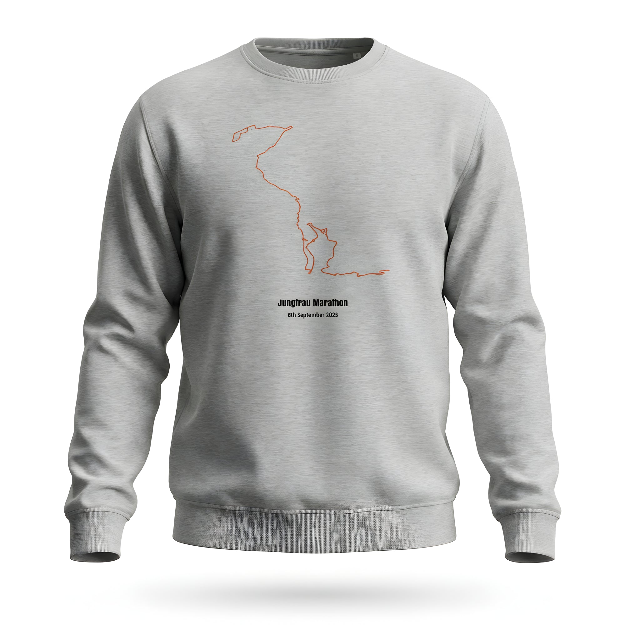 Gray sweatshirt with custom Strava route print art design and text on a white background