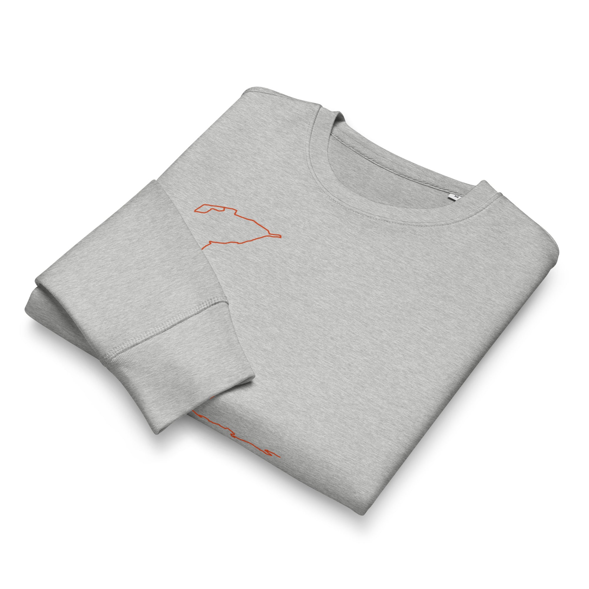 Folded gray sweatshirt with orange custom Strava route print art design on a white background