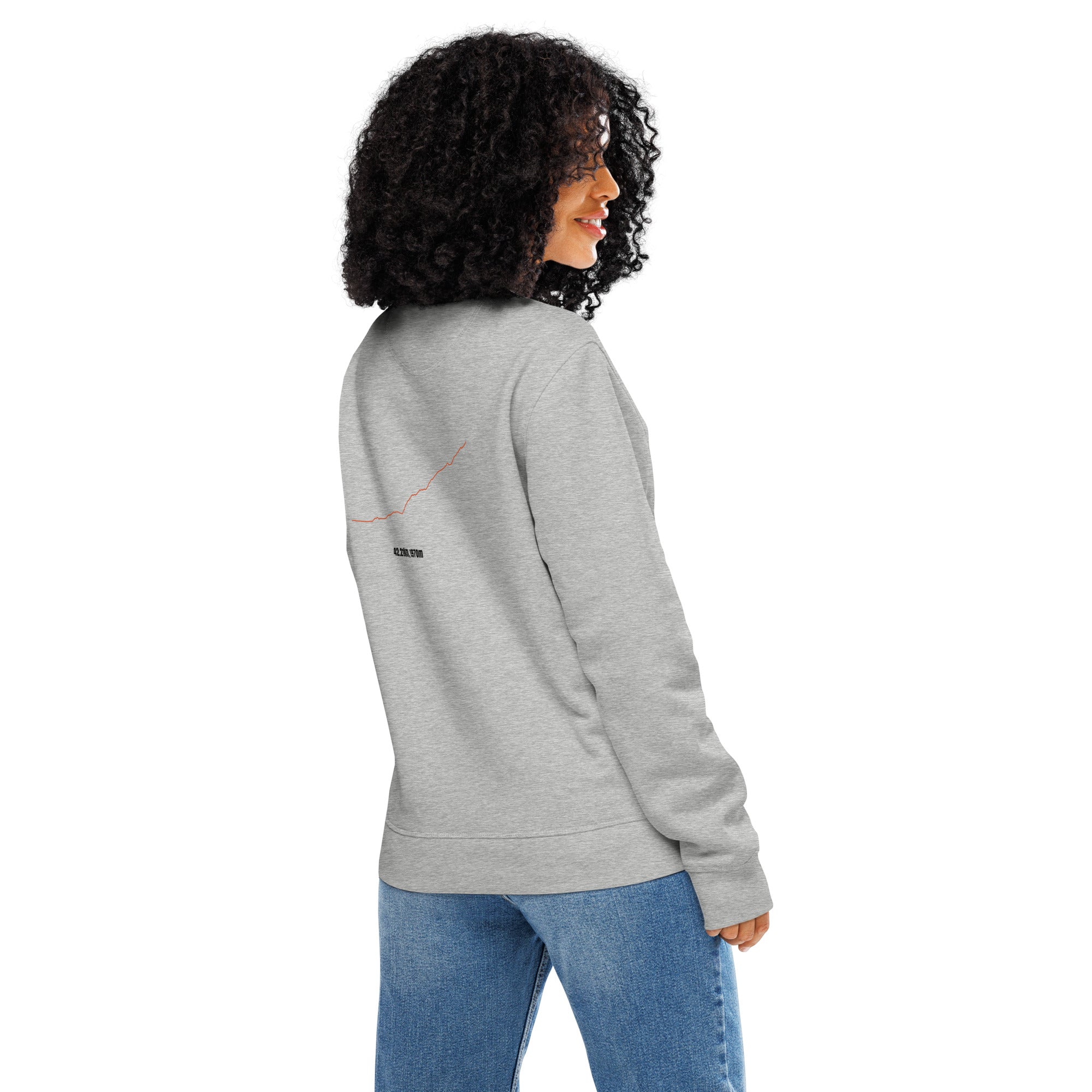 Person wearing a gray sweatshirt with custom Strava route print art on the sleeve against a white background